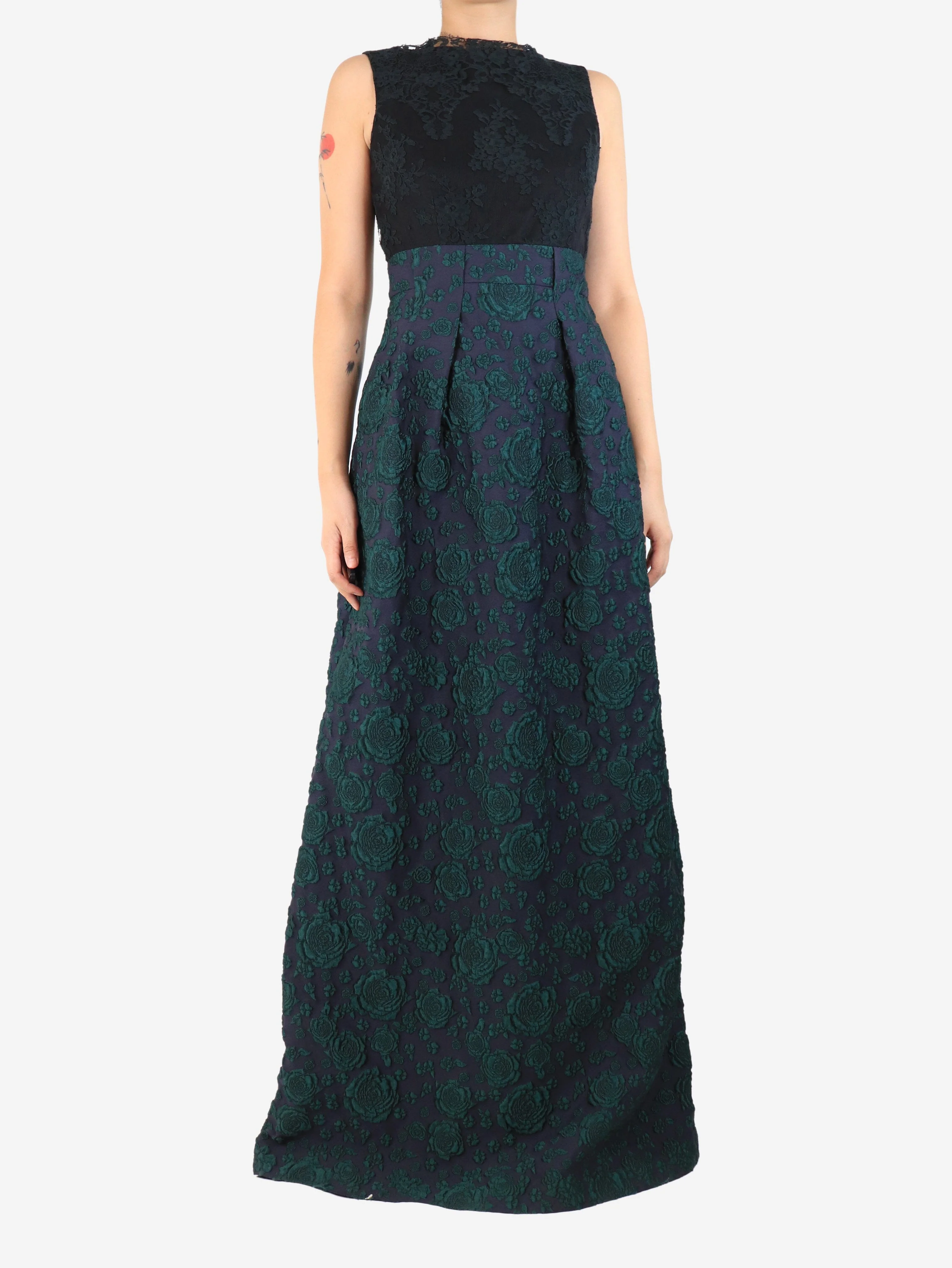 Navy blue and green floral jacquard and lace maxi dress - size UK 10