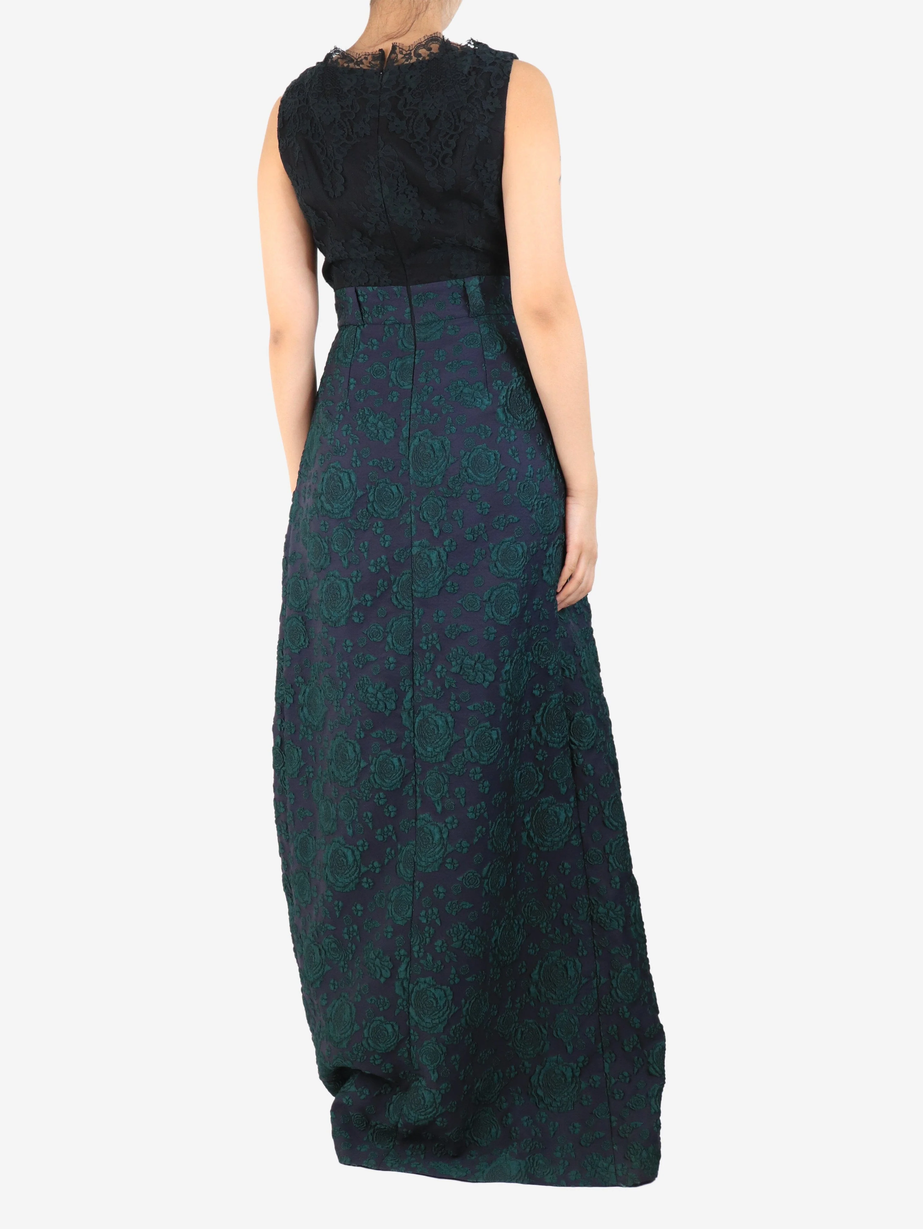Navy blue and green floral jacquard and lace maxi dress - size UK 10 - Image 2