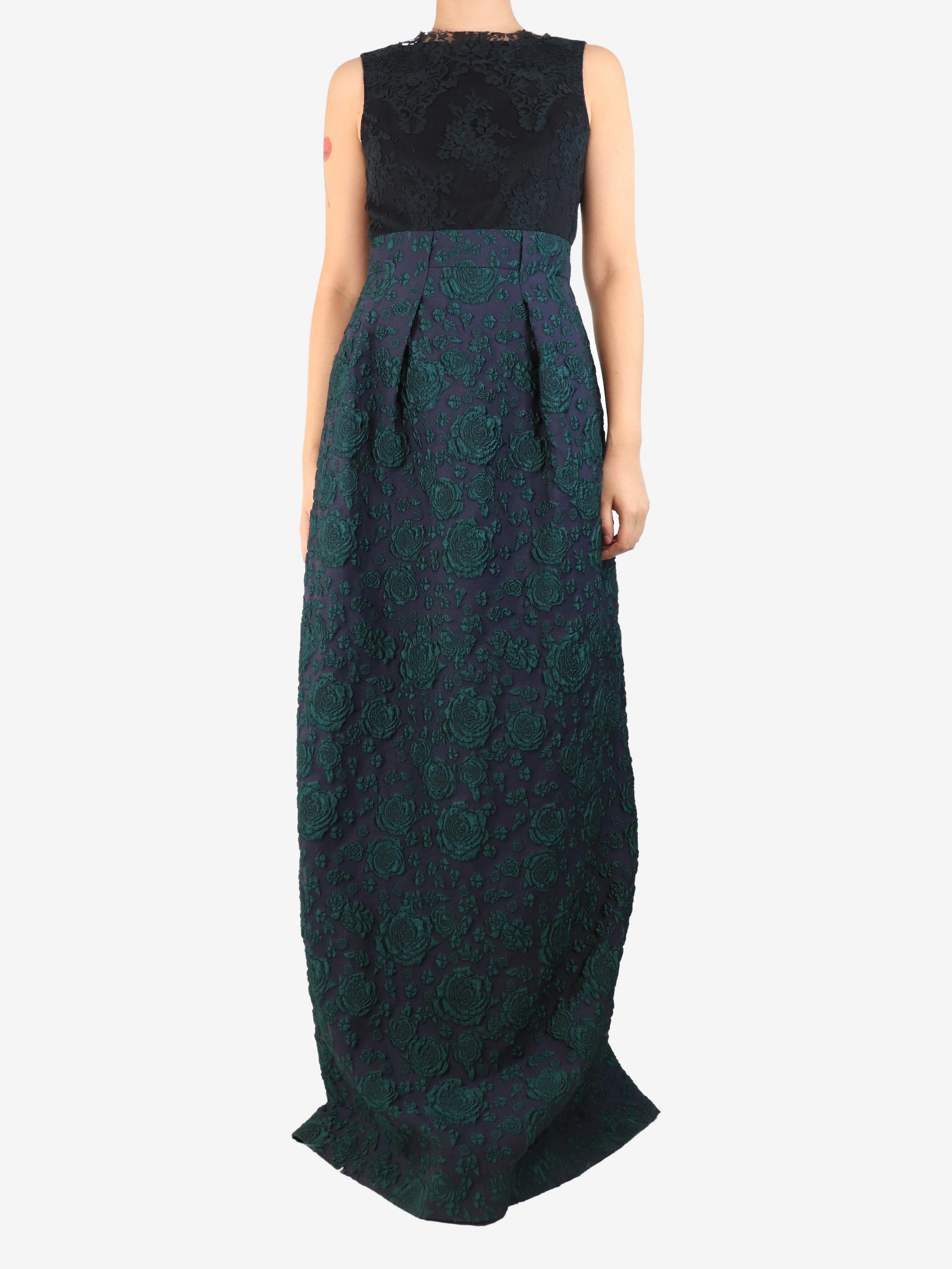 Navy blue and green floral jacquard and lace maxi dress - size UK 10 - Image 3