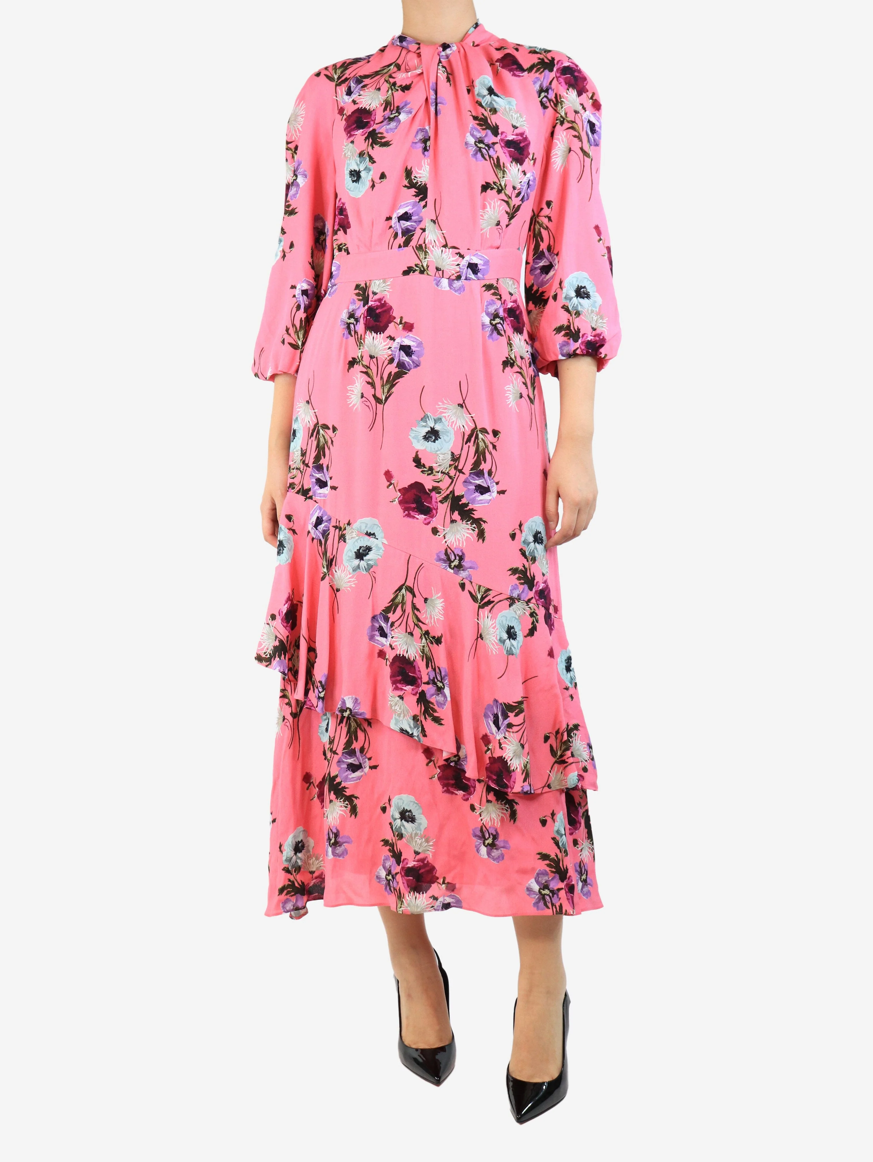 Pink floral crepe midi dress - size UK 10