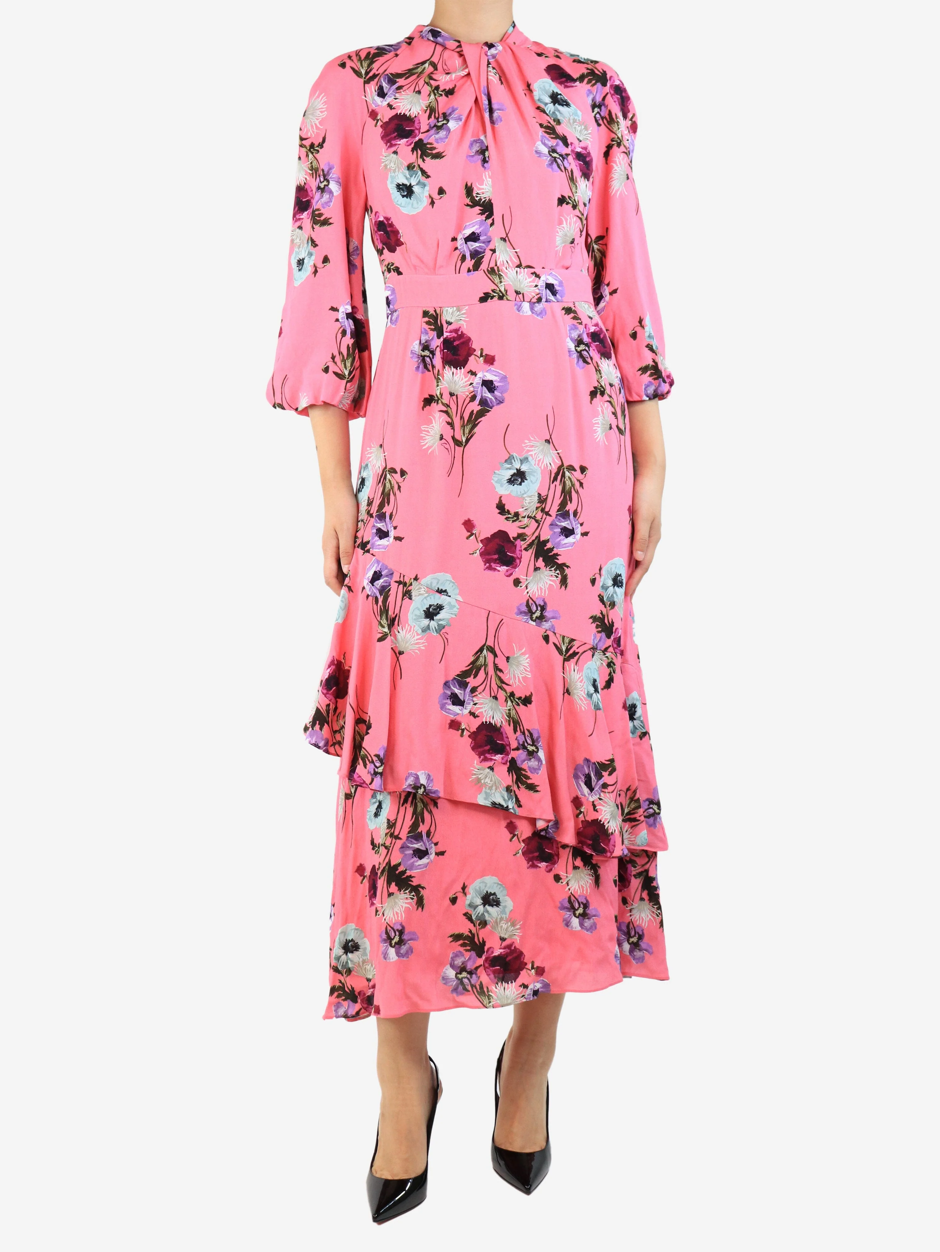Pink floral crepe midi dress - size UK 10 - Image 3