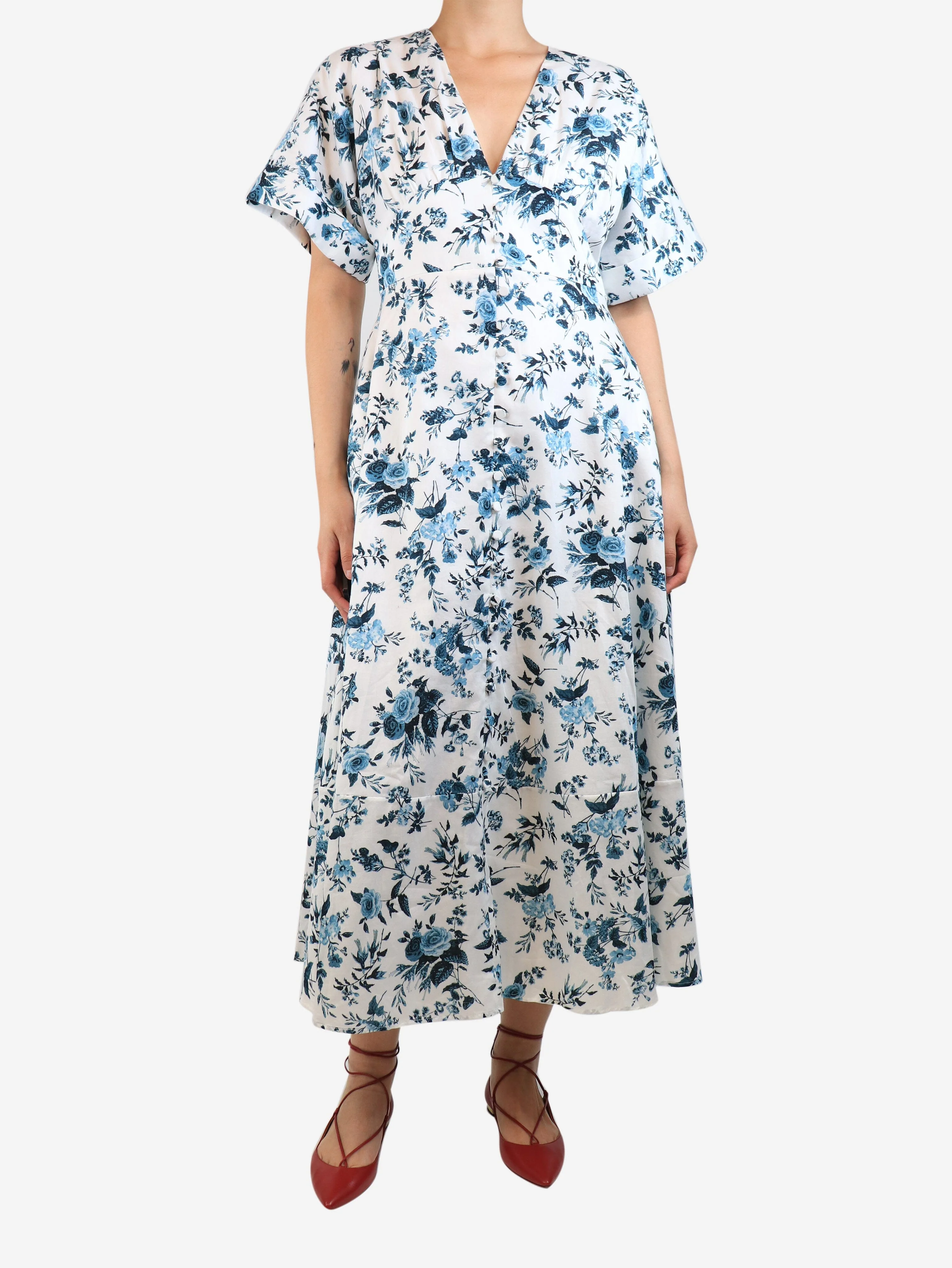 White and blue short-sleeved floral printed midi dress - size UK 10