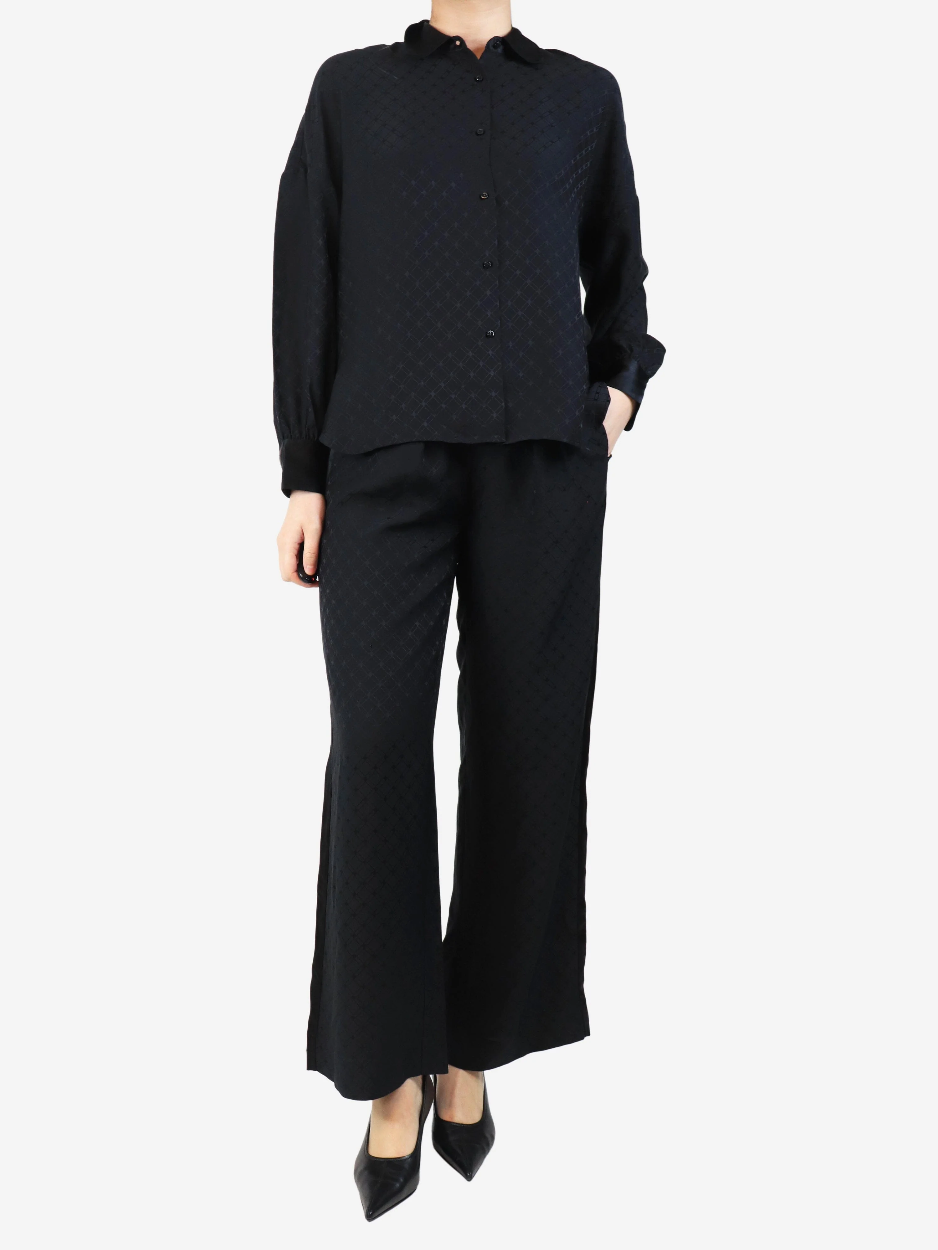 Black silk jacquard shirt and trouser set - size UK 8 - Image 3