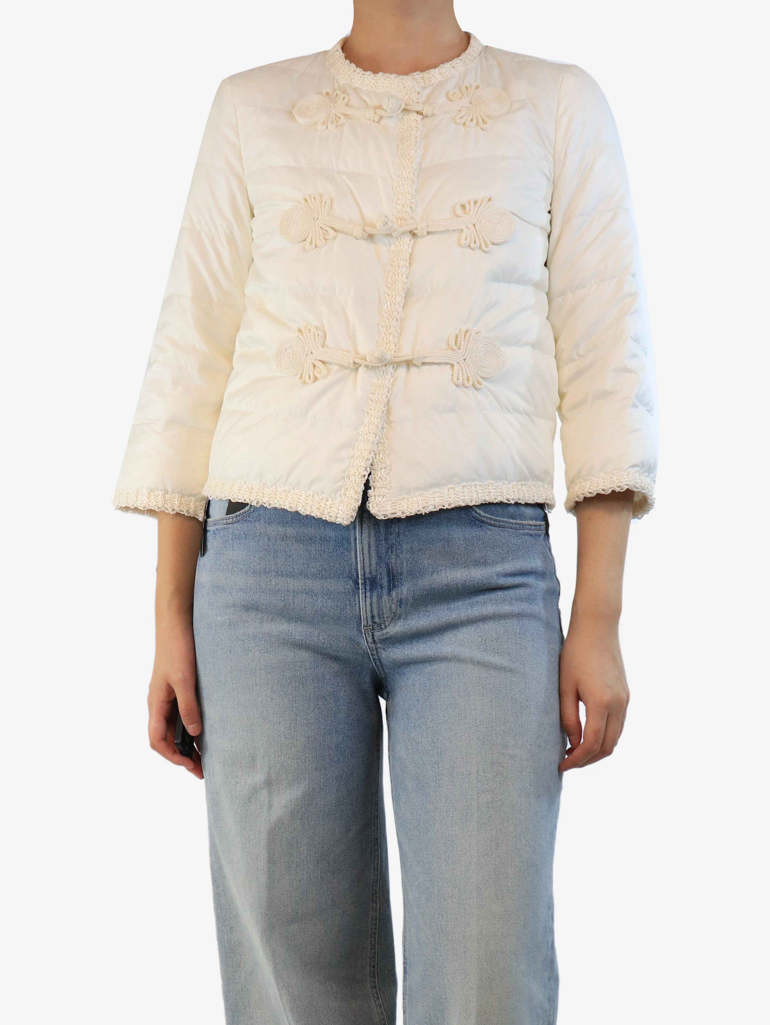 Cream puffer jacket with raffia trim - size UK 8