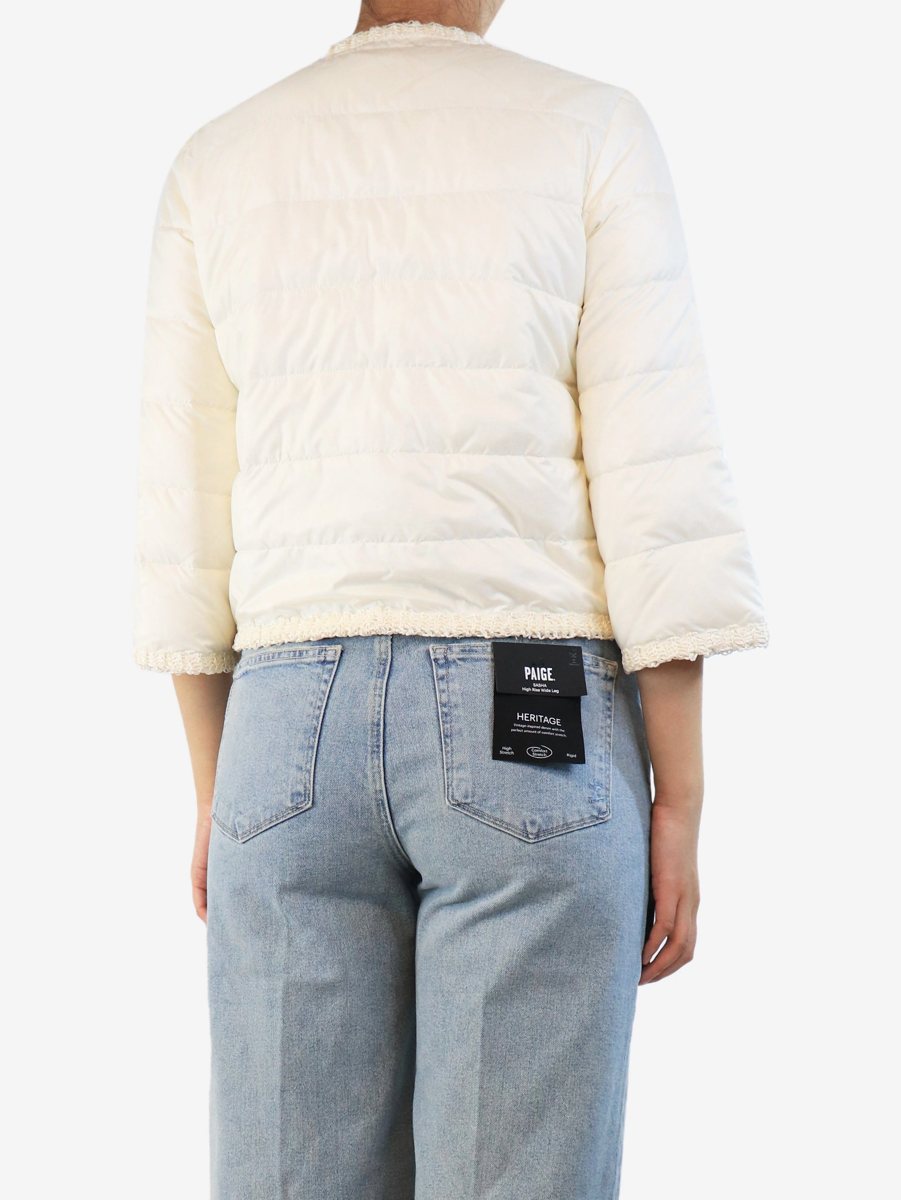 Cream puffer jacket with raffia trim - size UK 8 - Image 2