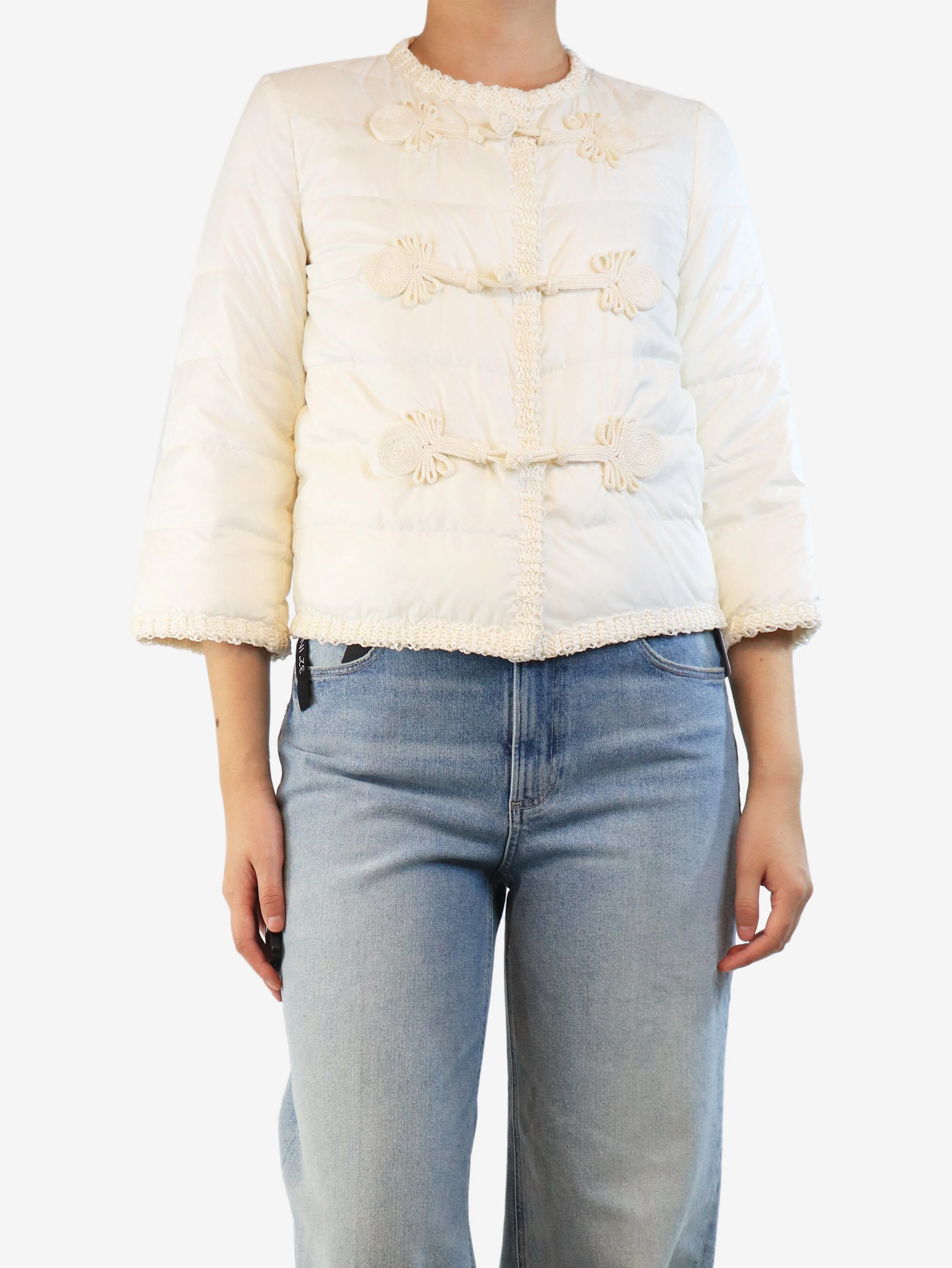 Cream puffer jacket with raffia trim - size UK 8 - Image 3