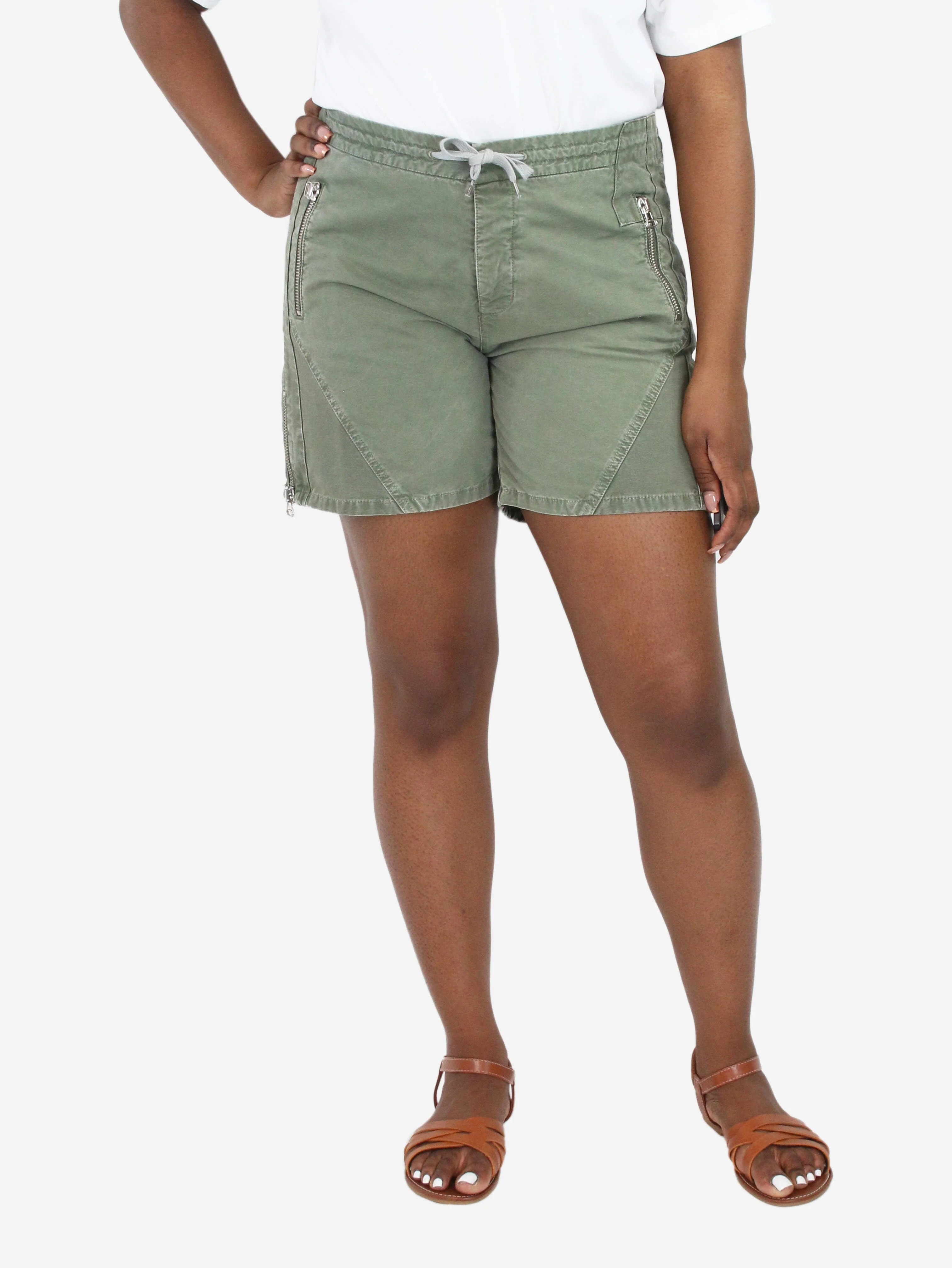 Green drawstring panelled shorts - size UK 14