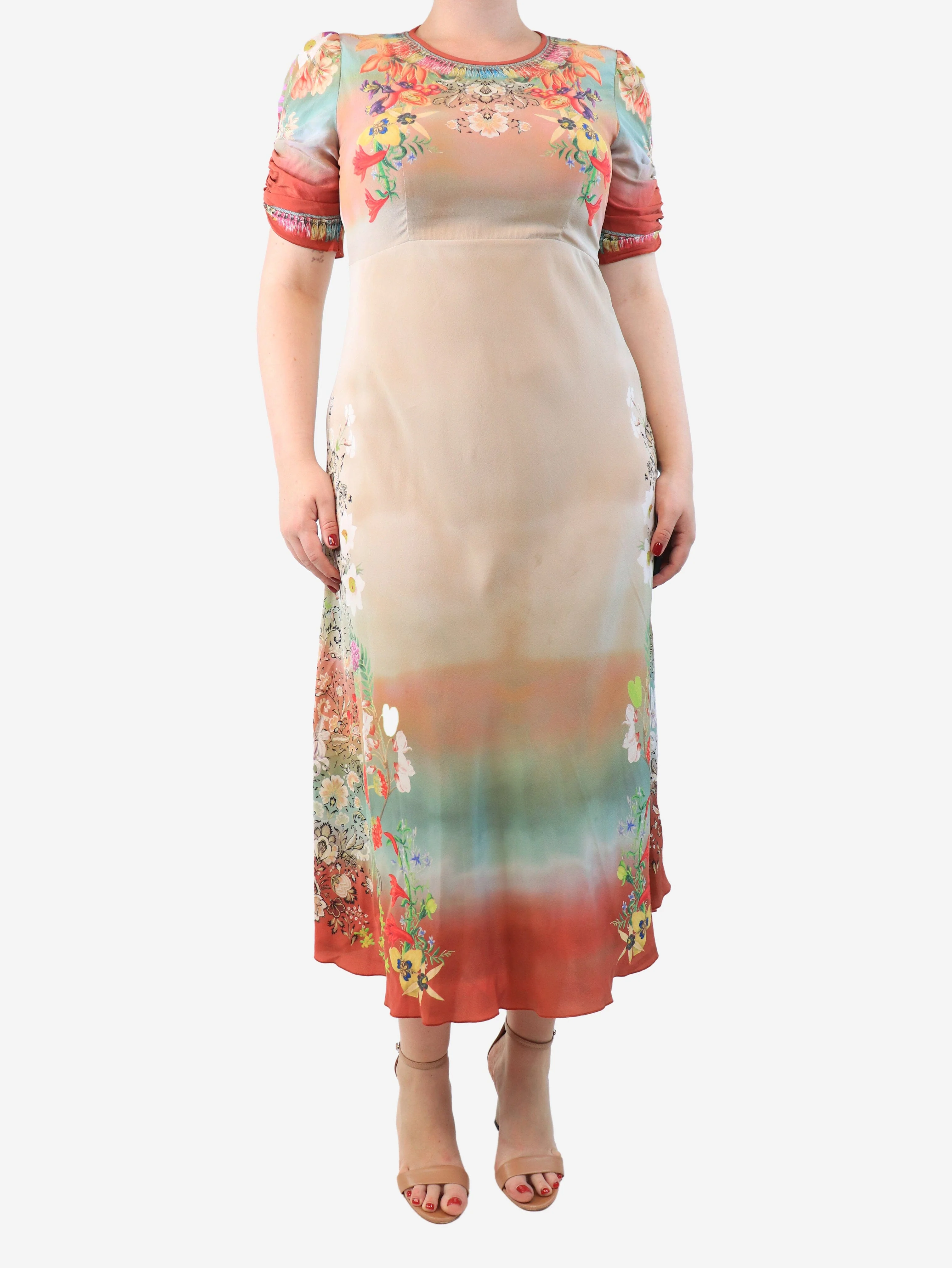 Beige ombre floral midi dress - size UK 14