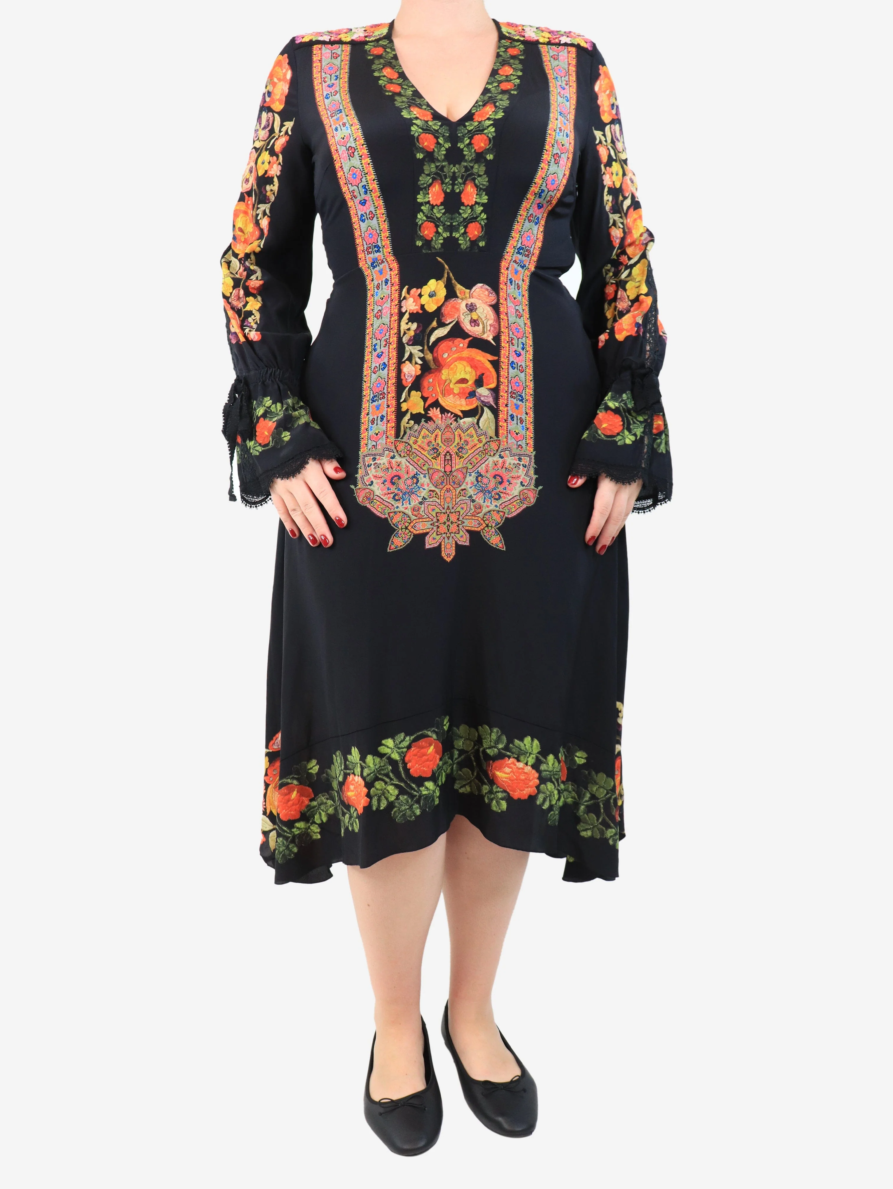 Black floral v-neck midi dress - size UK 14