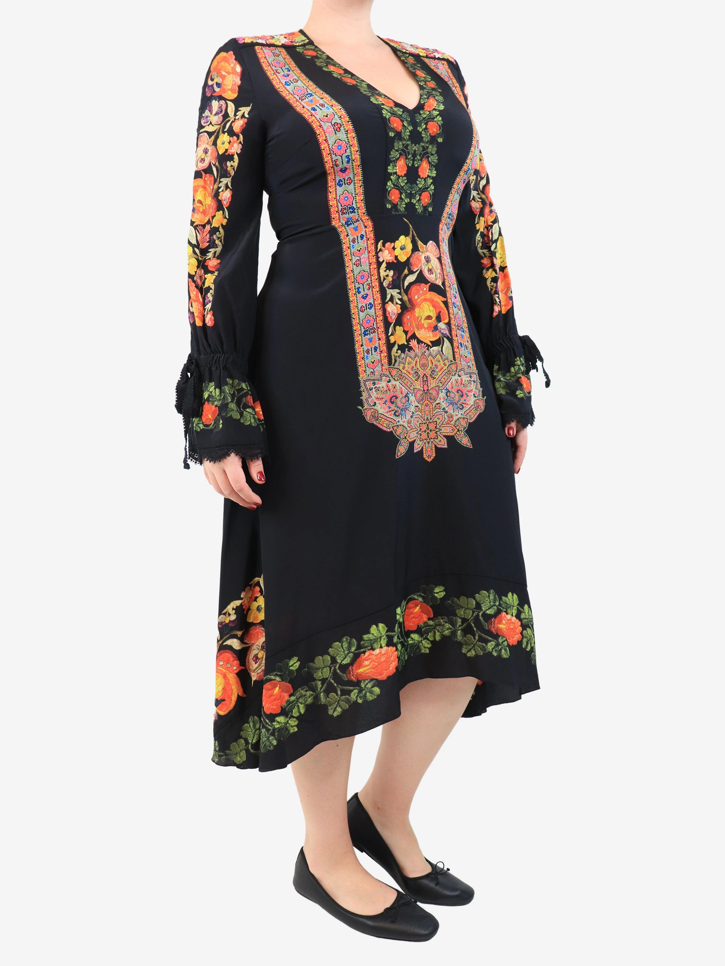 Black floral v-neck midi dress - size UK 14 - Image 2
