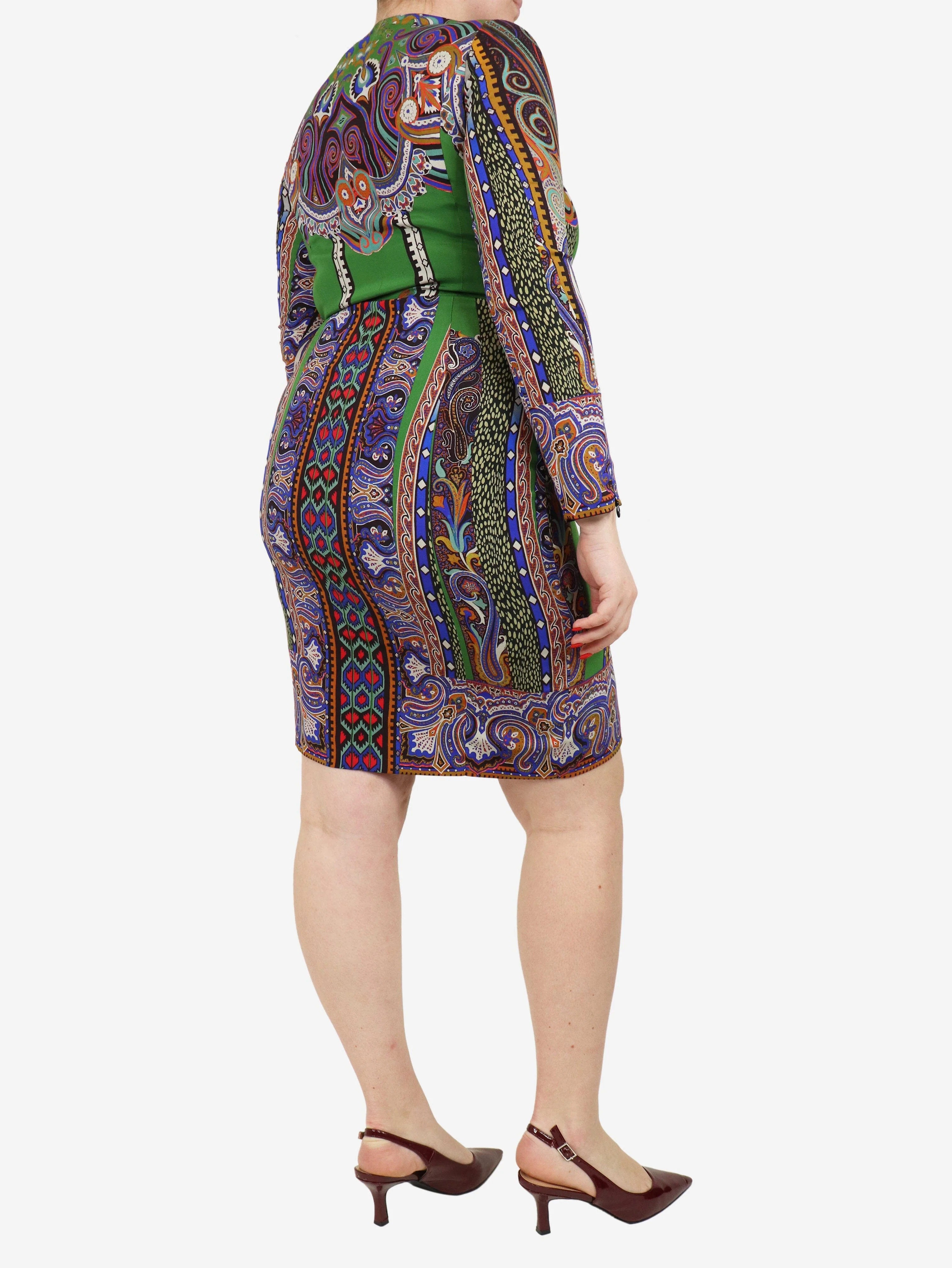 Green silk printed midi dress - size UK 12 - Image 2