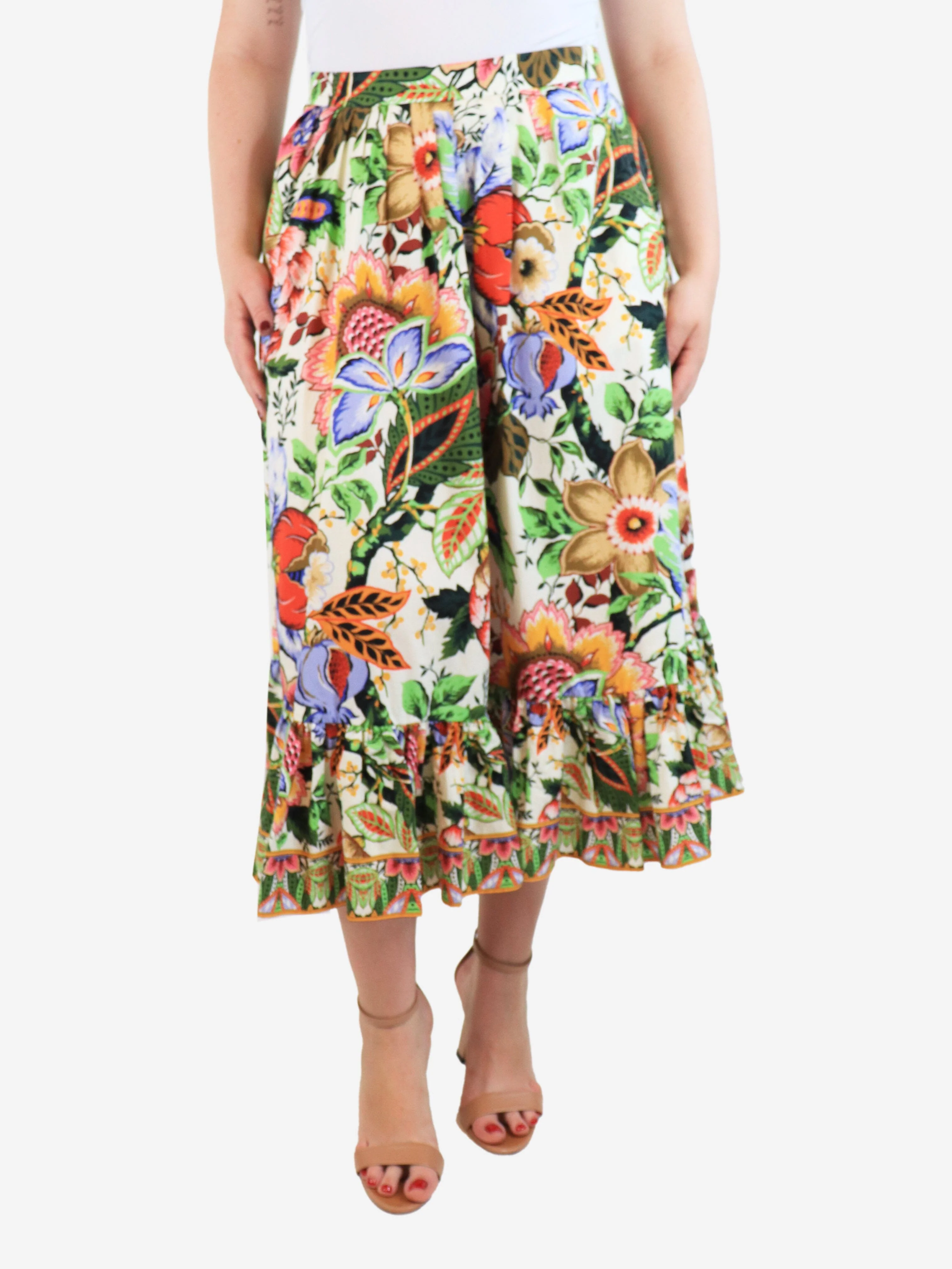 Multicolour floral ruffle-hem midi skirt - size UK 12