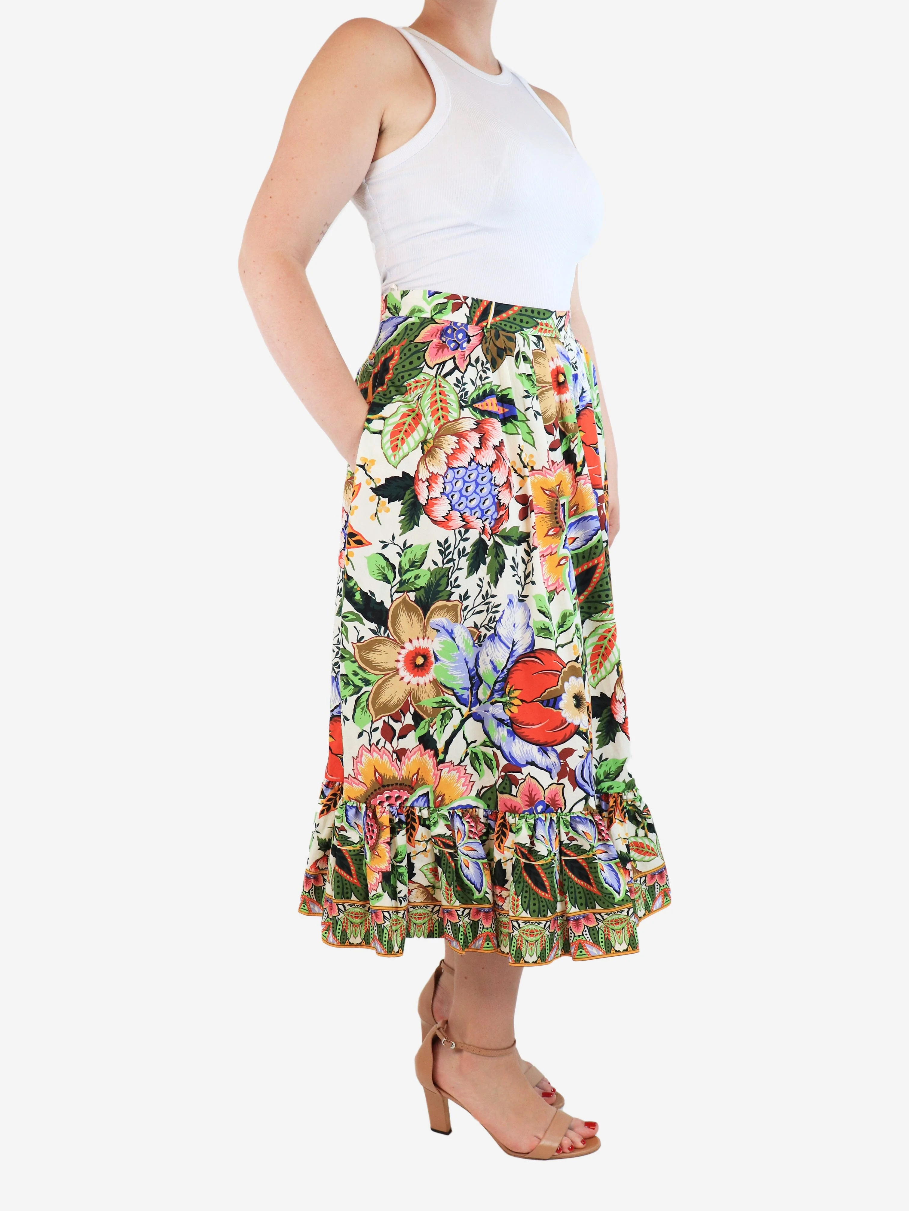 Multicolour floral ruffle-hem midi skirt - size UK 12 - Image 2