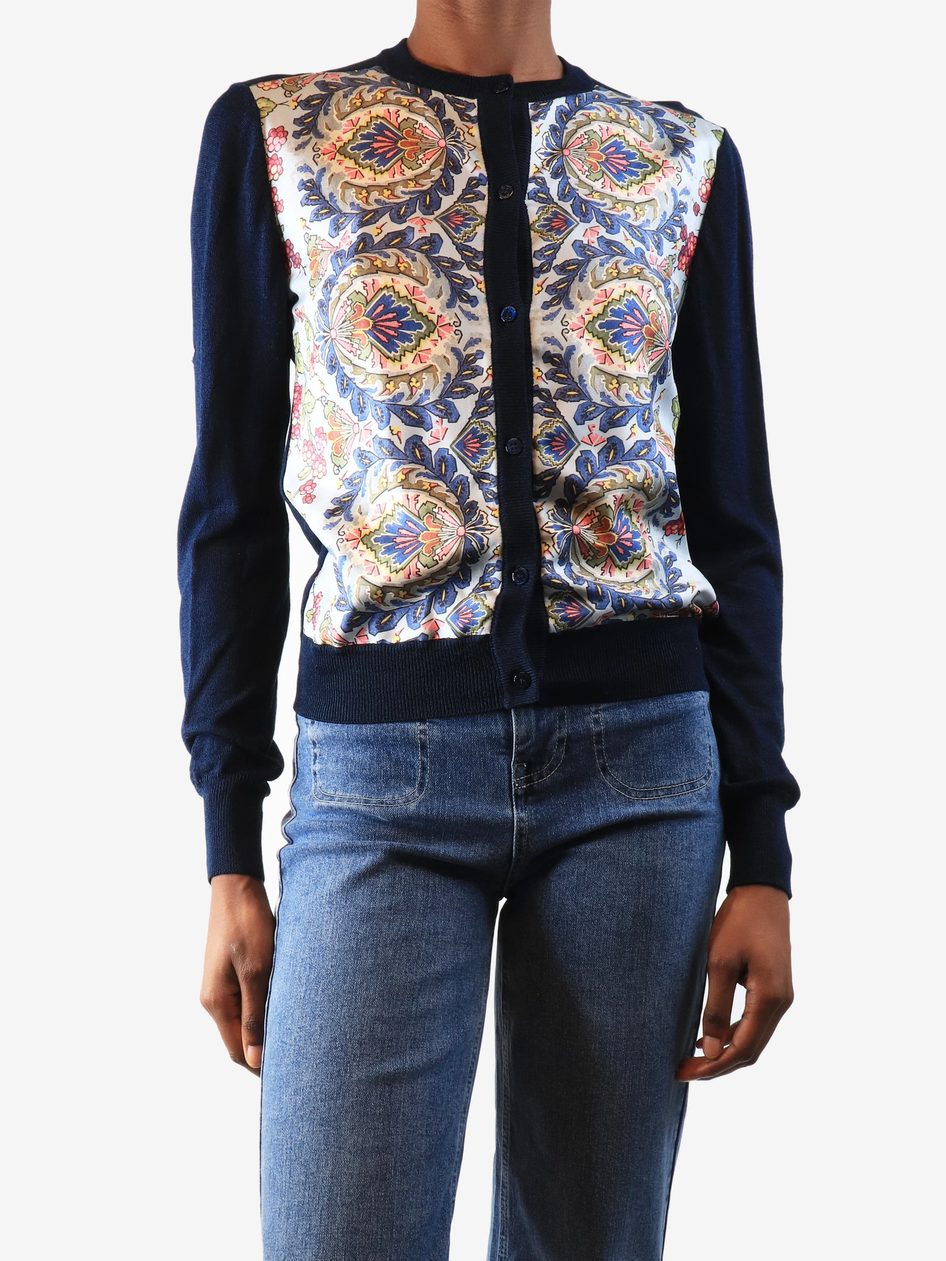 Navy blue silk panelled cardigan - size UK 6 - Image 3