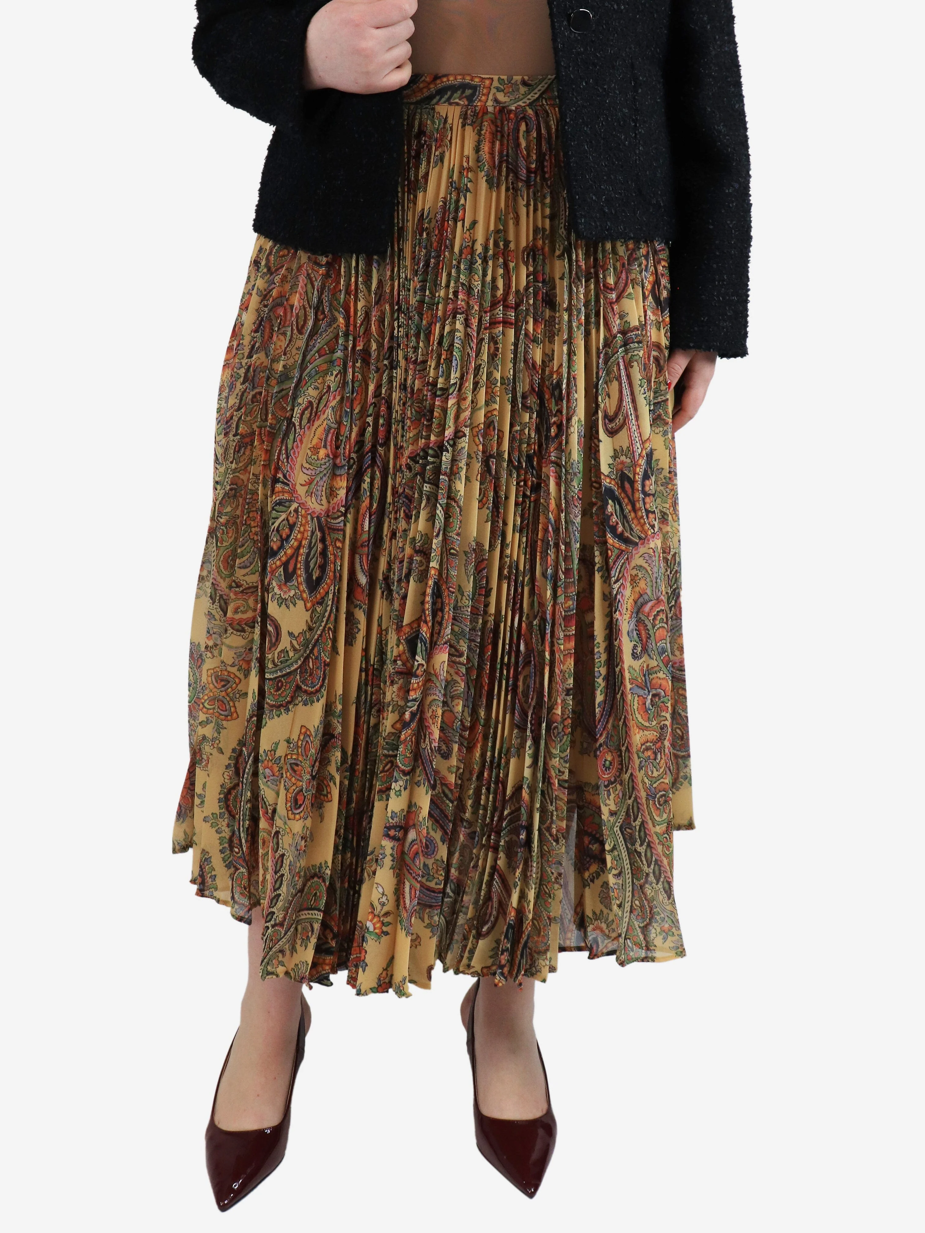Neutral paisley pleated midi skirt - size UK 12