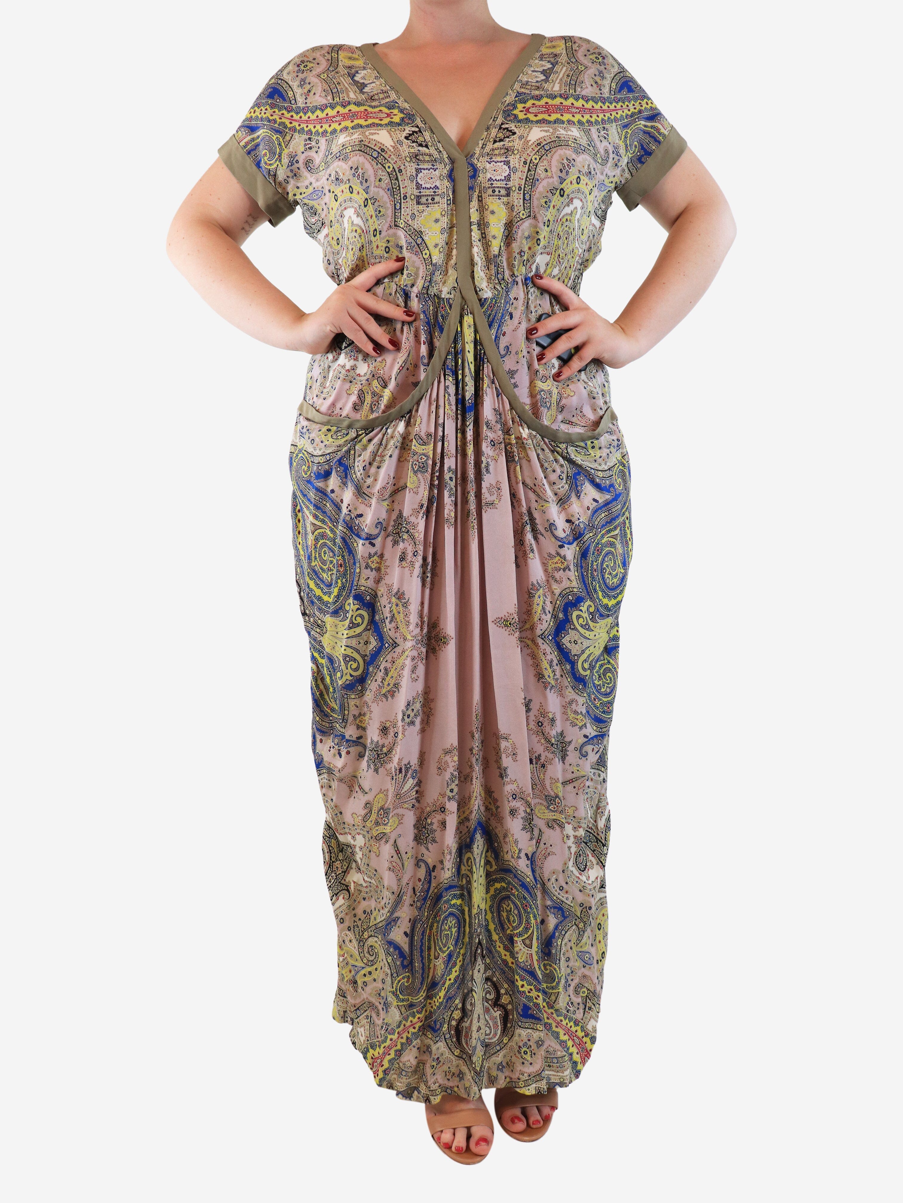 Neutral paisley silk V-neck dress with pockets - size UK 14