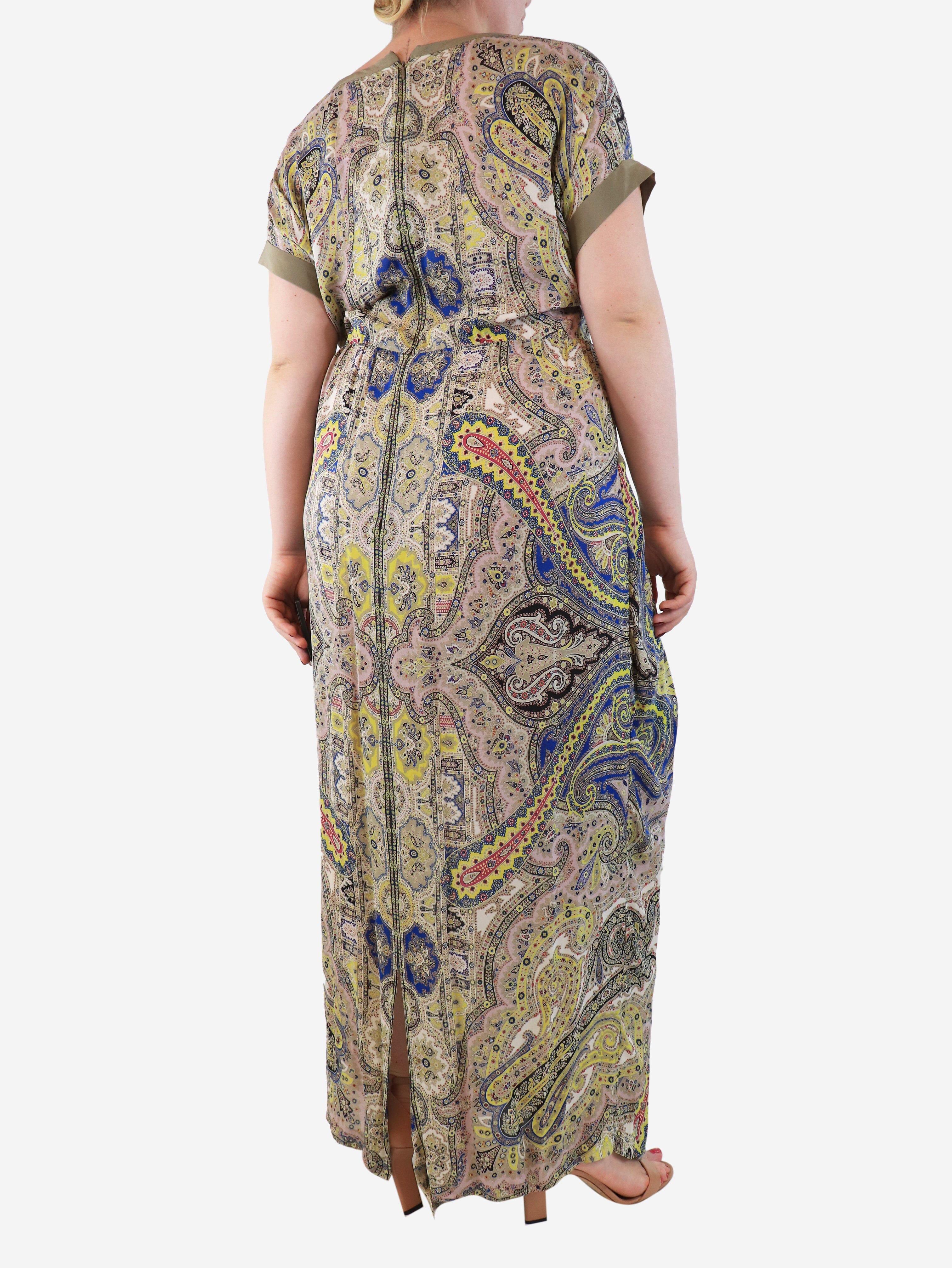 Neutral paisley silk V-neck dress with pockets - size UK 14 - Image 2