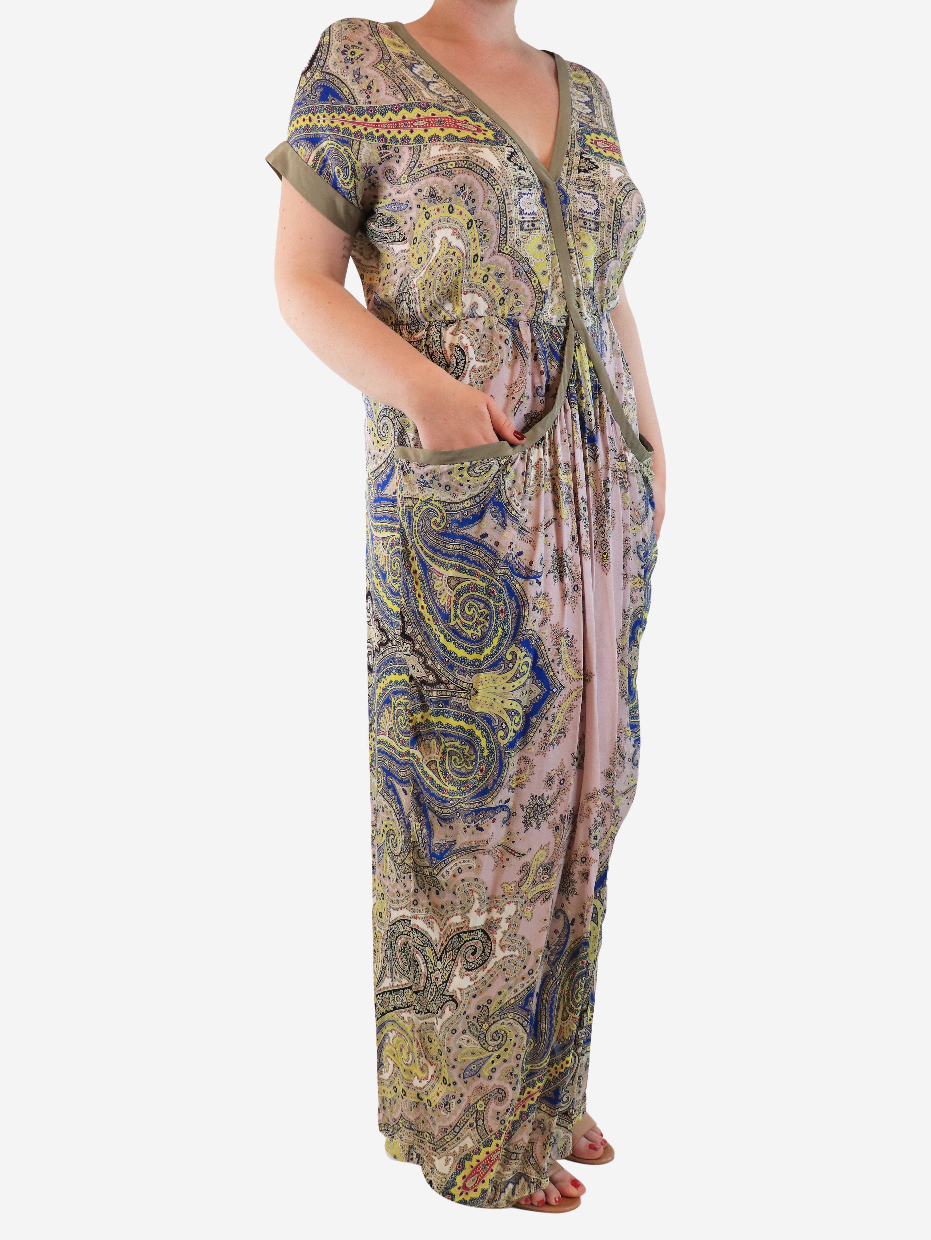 Neutral paisley silk V-neck dress with pockets - size UK 14 - Image 3