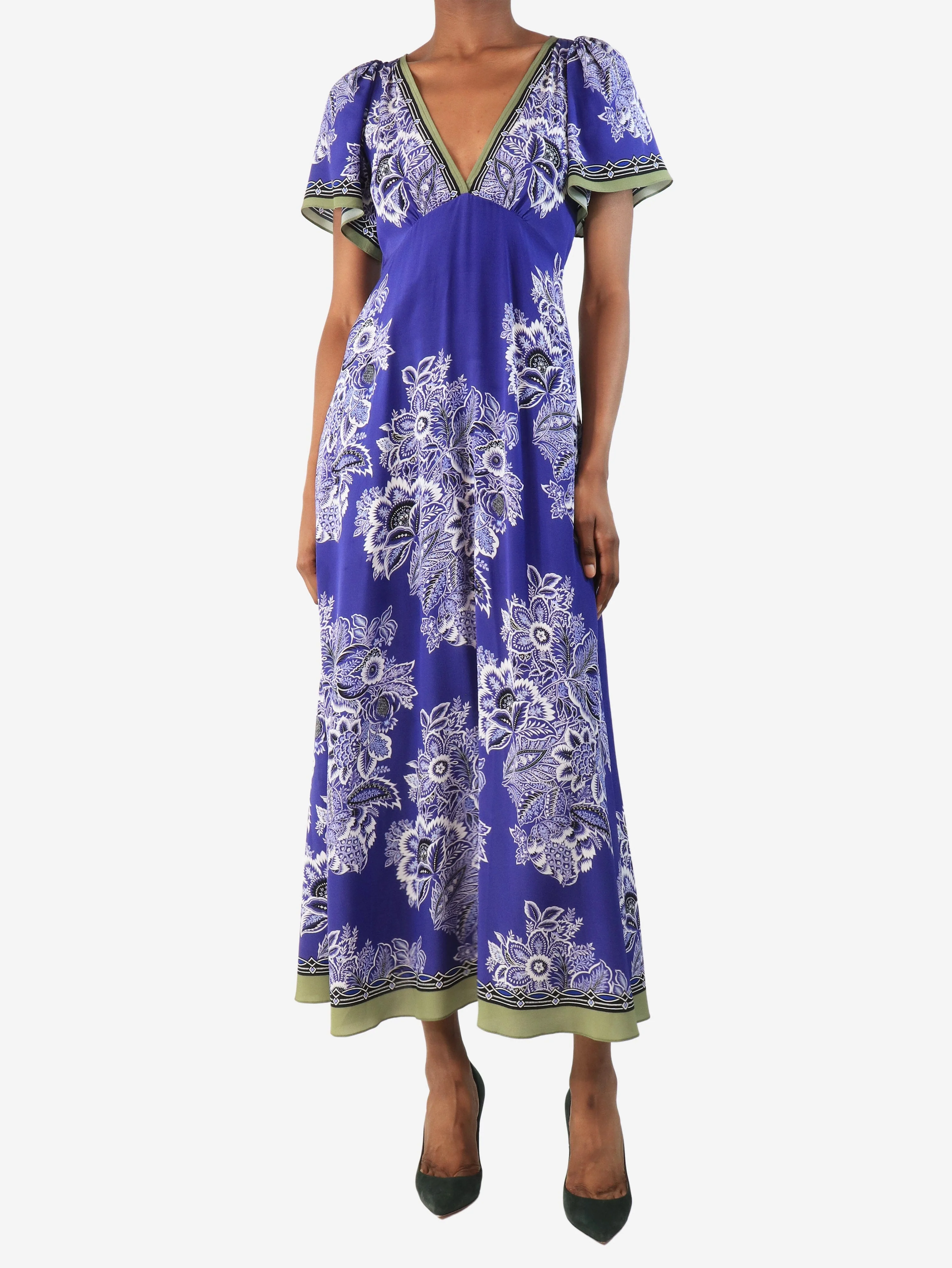 Purple silk floral printed midi dress - size UK 6