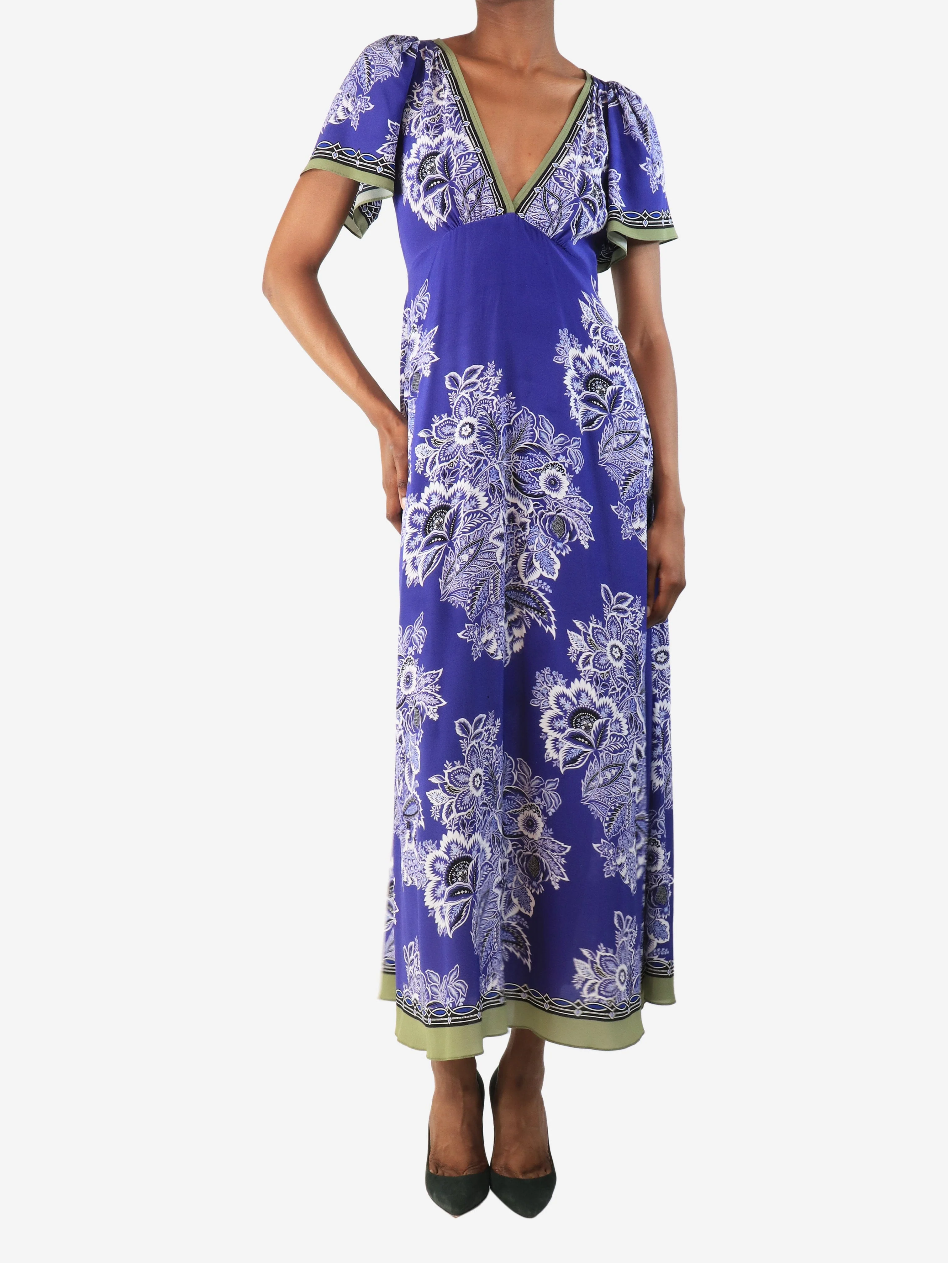 Purple silk floral printed midi dress - size UK 6 - Image 3