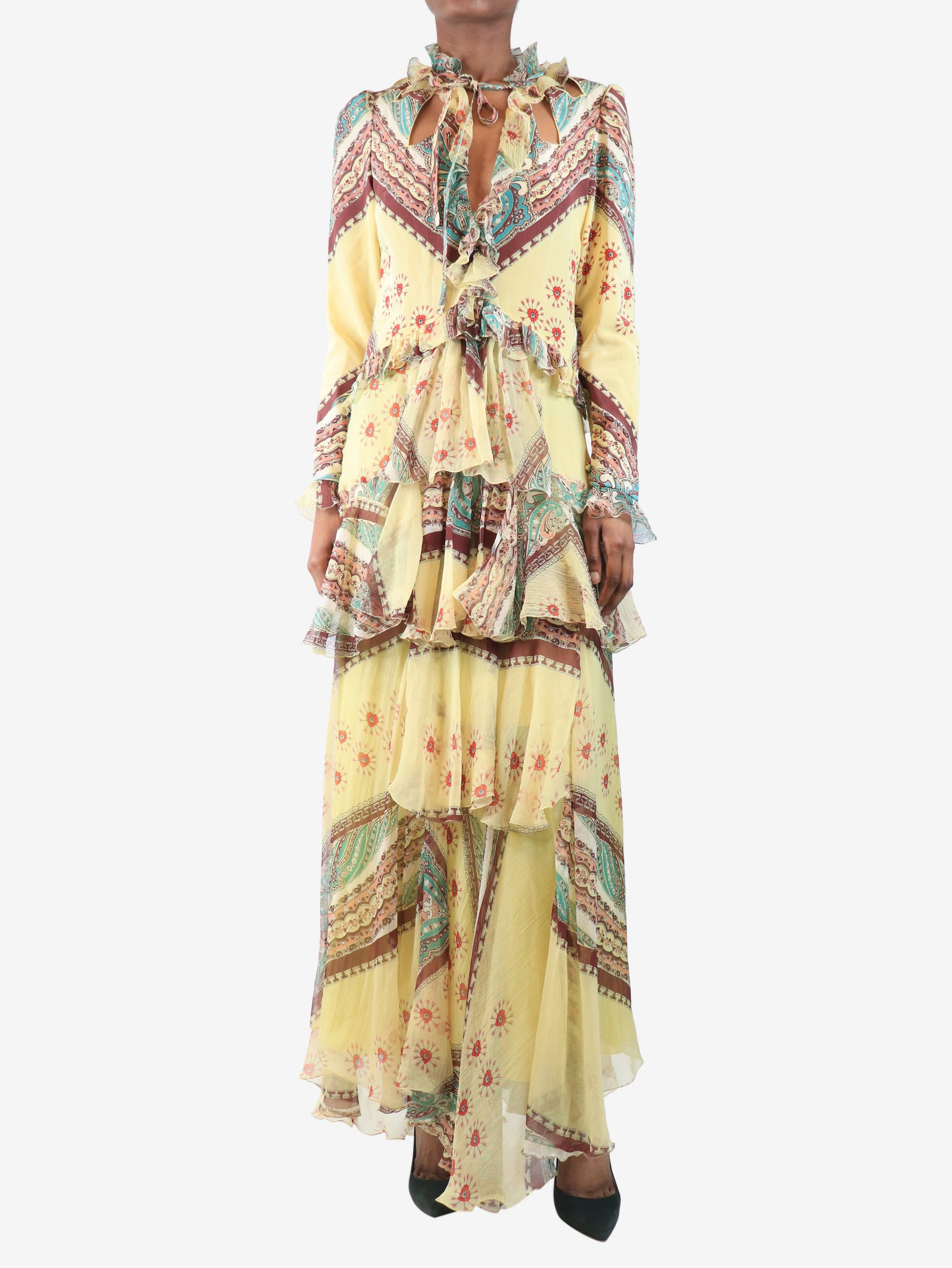 Yellow chiffon tiered maxi dress - size UK 6