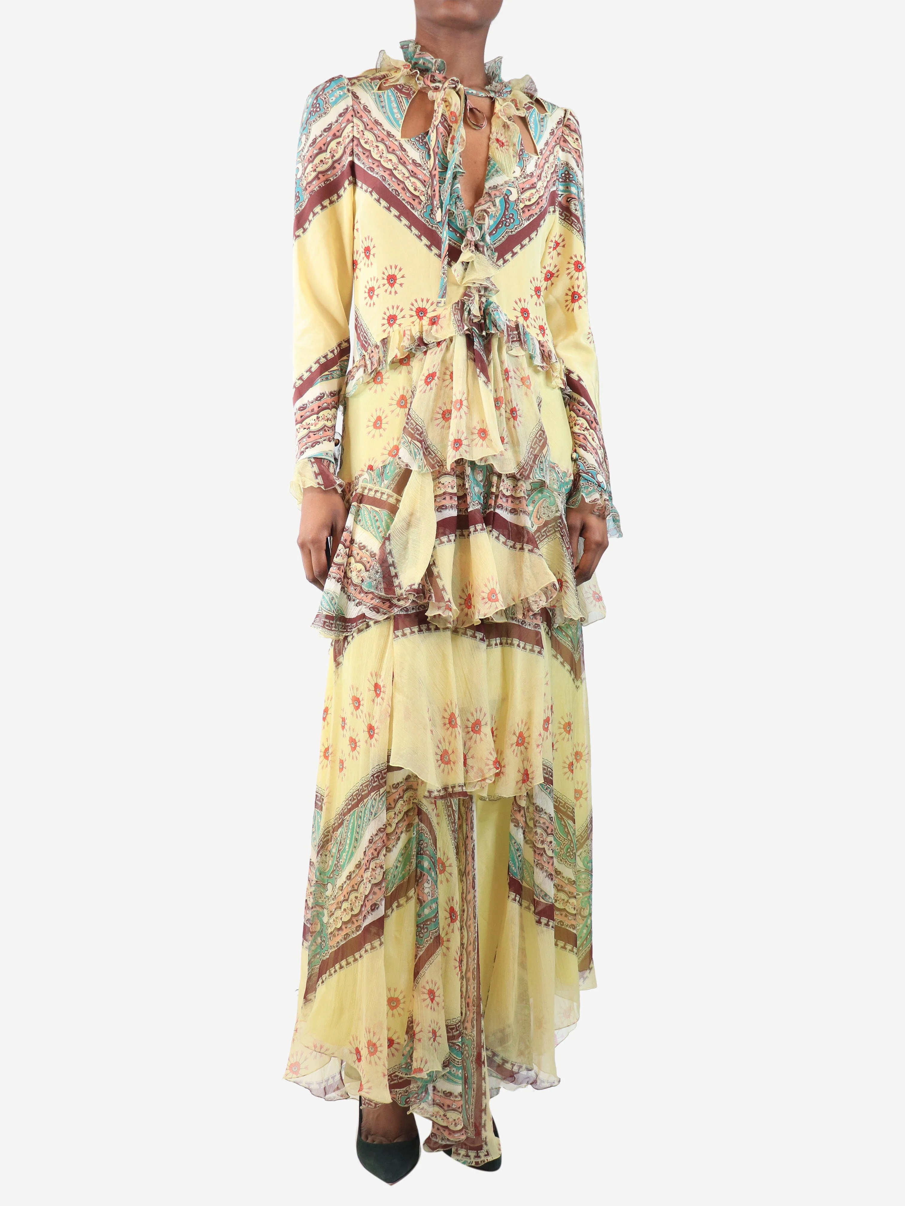 Yellow chiffon tiered maxi dress - size UK 6 - Image 3