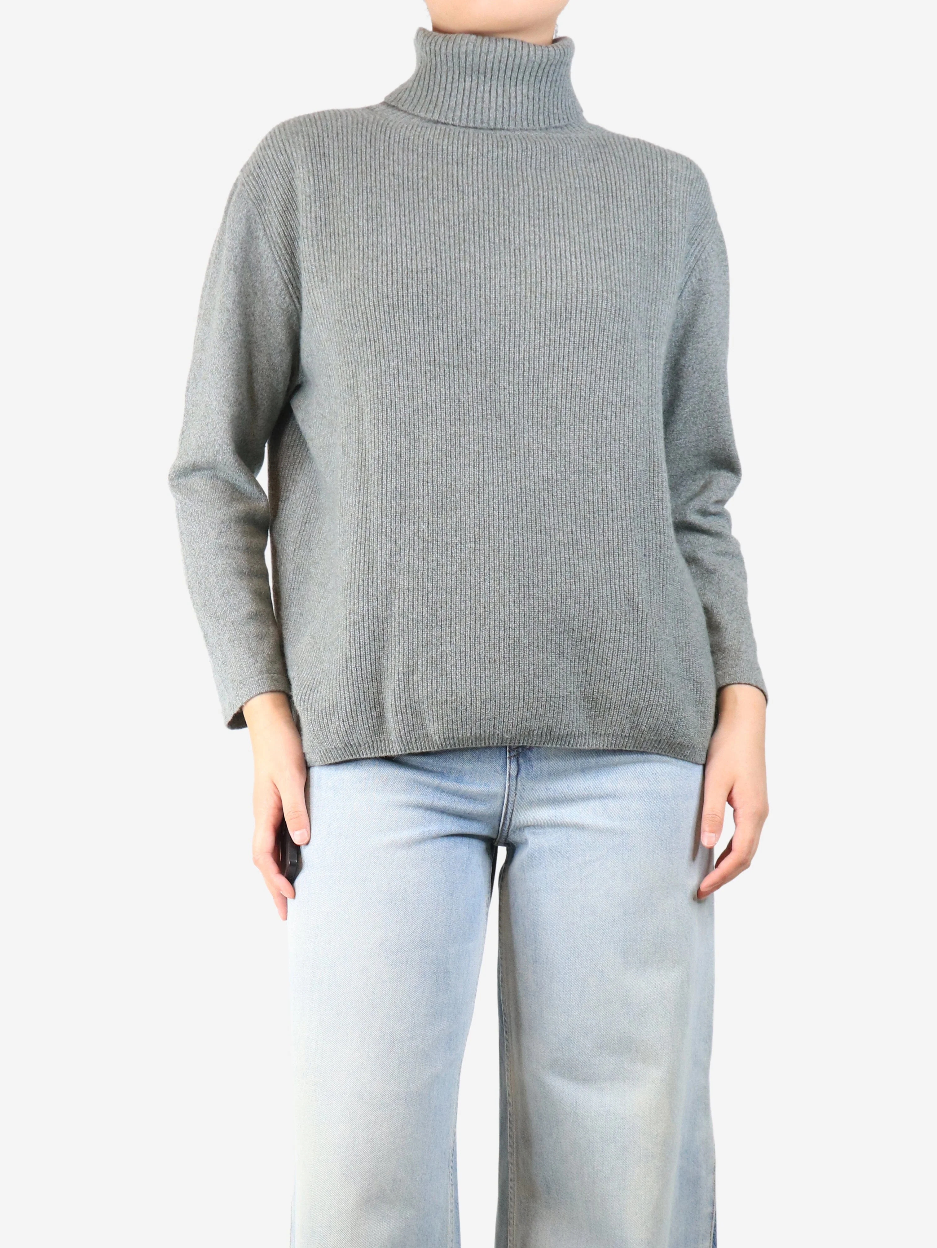 Green ribbed cashmere roll-neck jumper - size UK 16