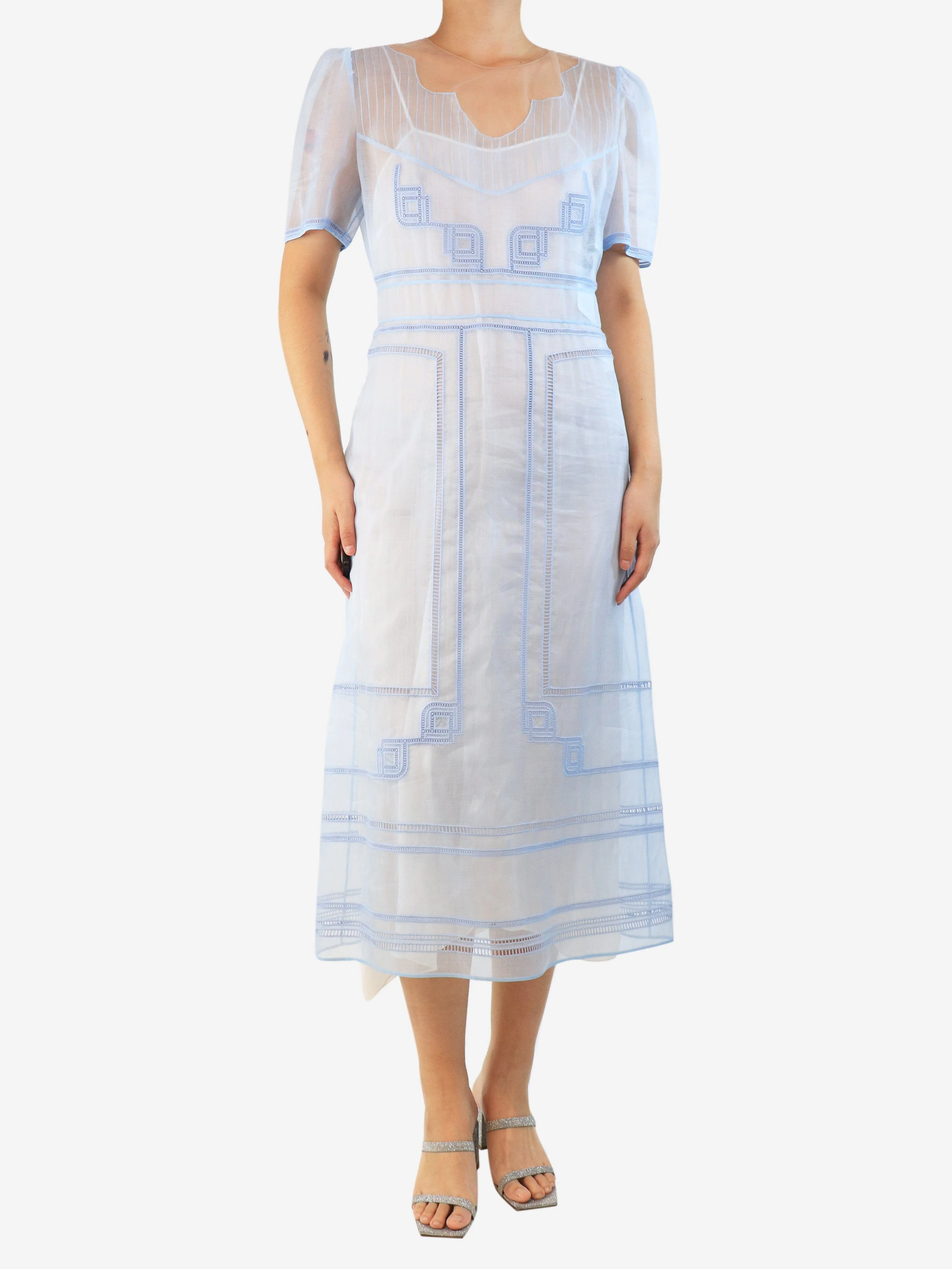 Blue sheer midi dress - size UK 10