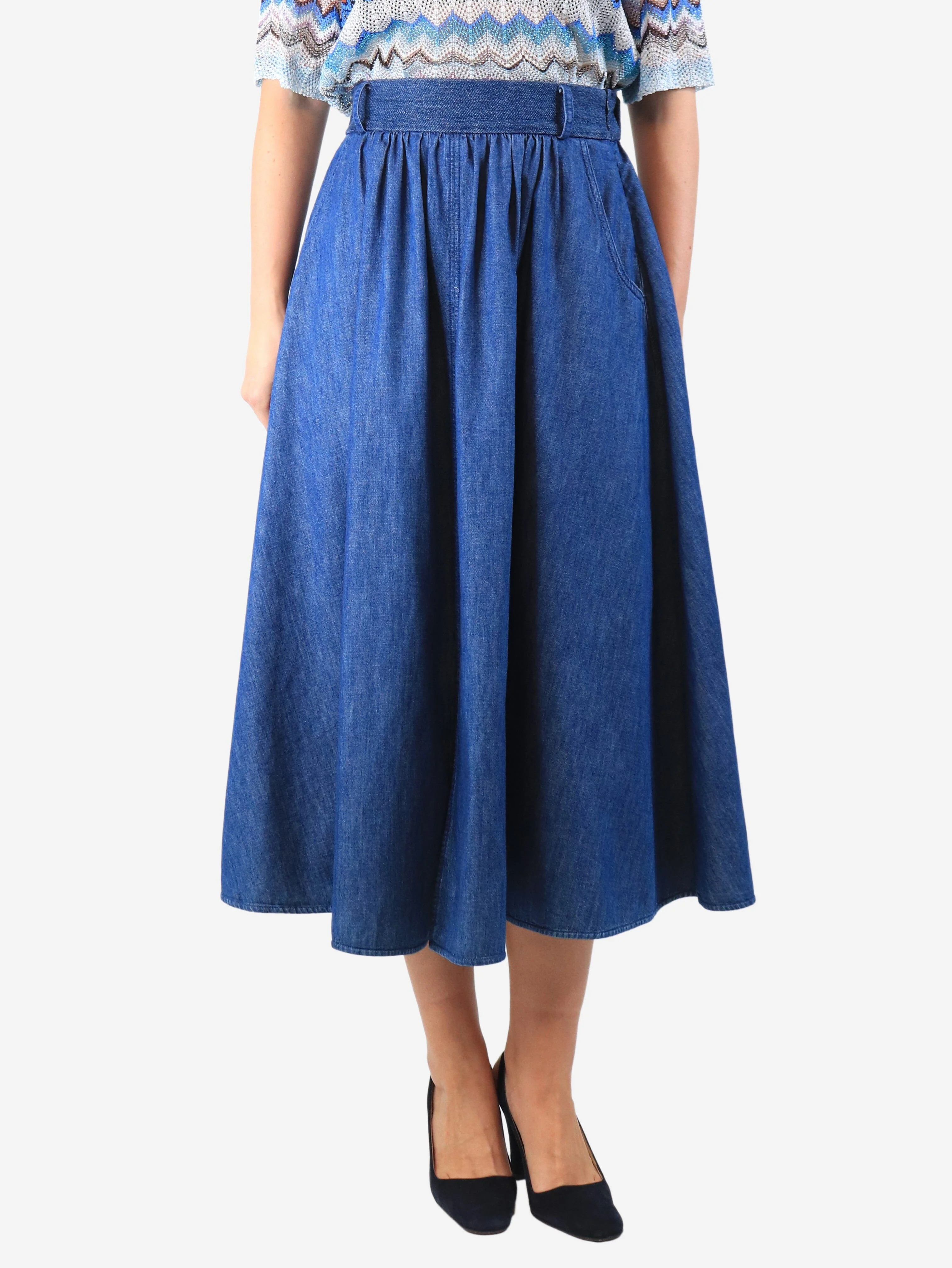 Blue denim midi skirt - size UK 10