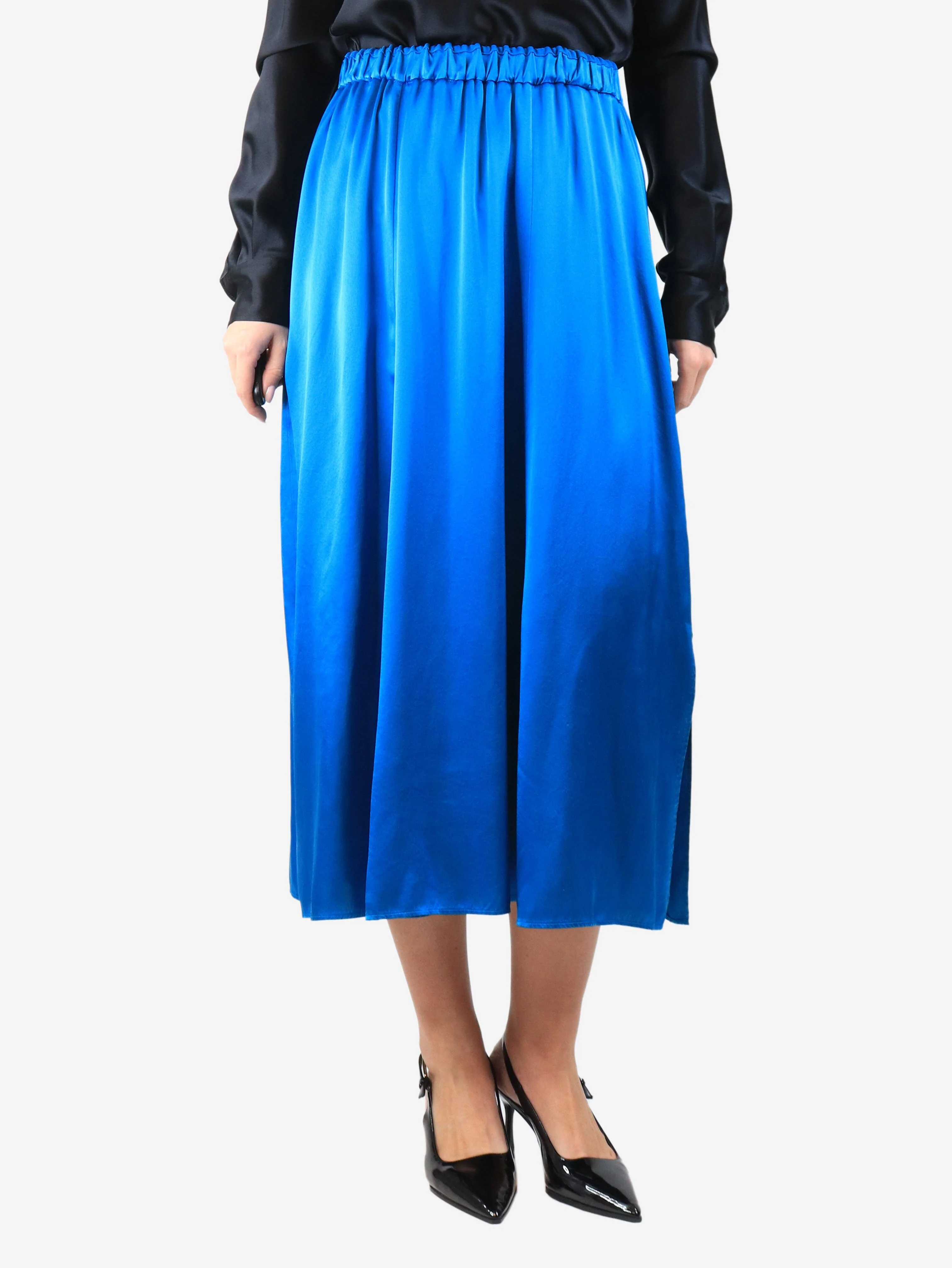 Blue elasticated silk midi skirt - size UK 12