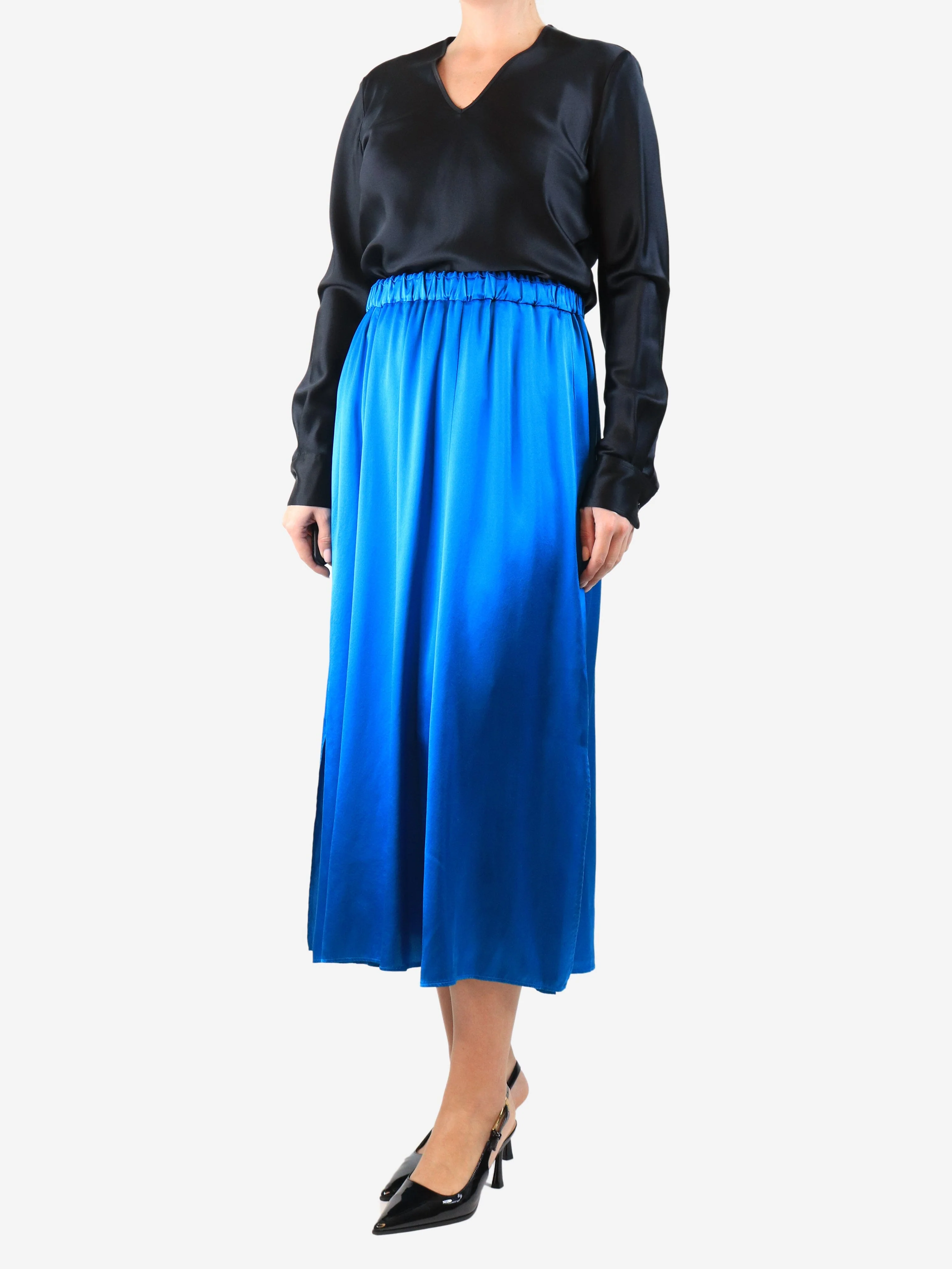 Blue elasticated silk midi skirt - size UK 12 - Image 2