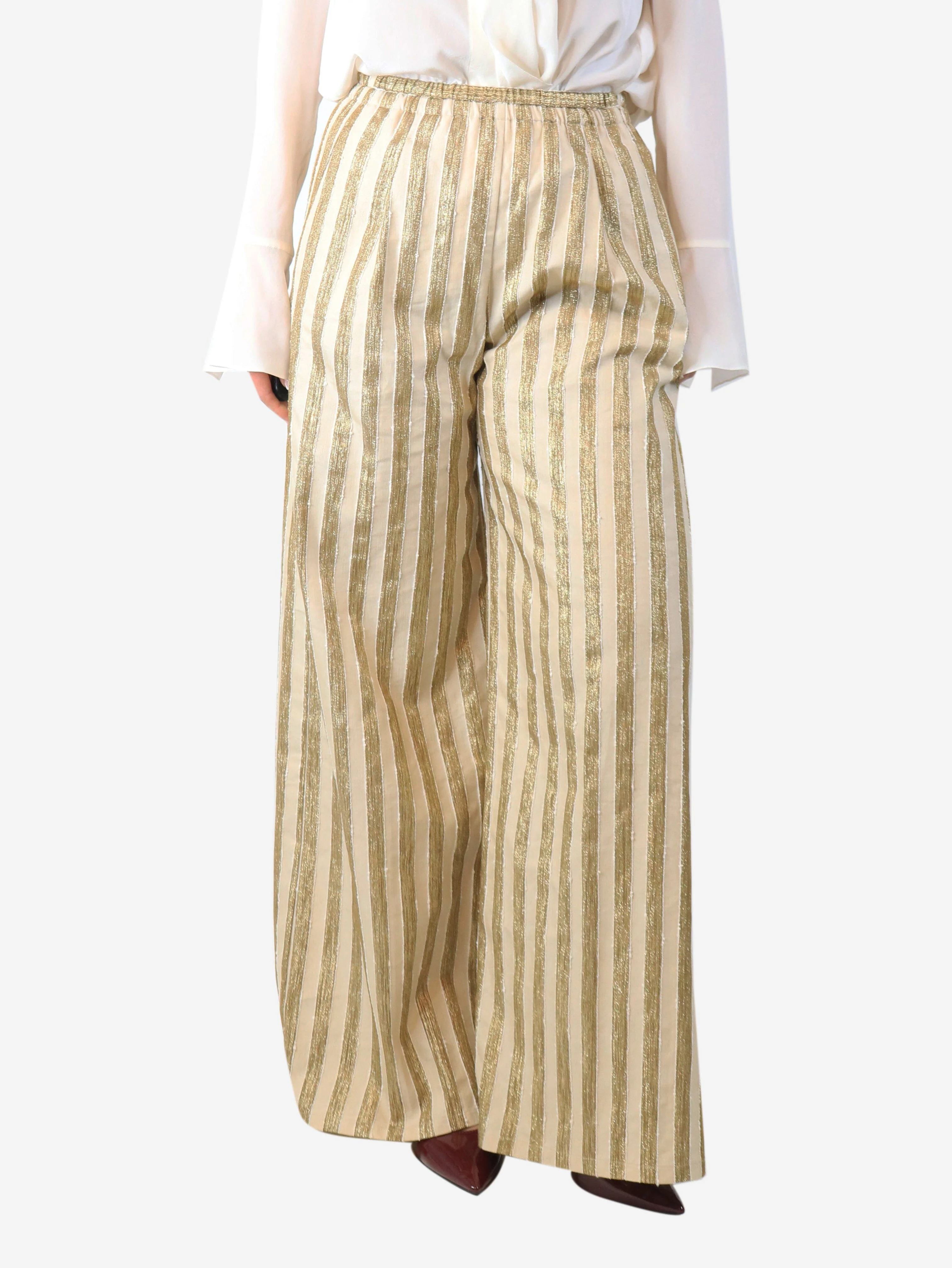 Cream and gold lurex striped trousers - size UK 10