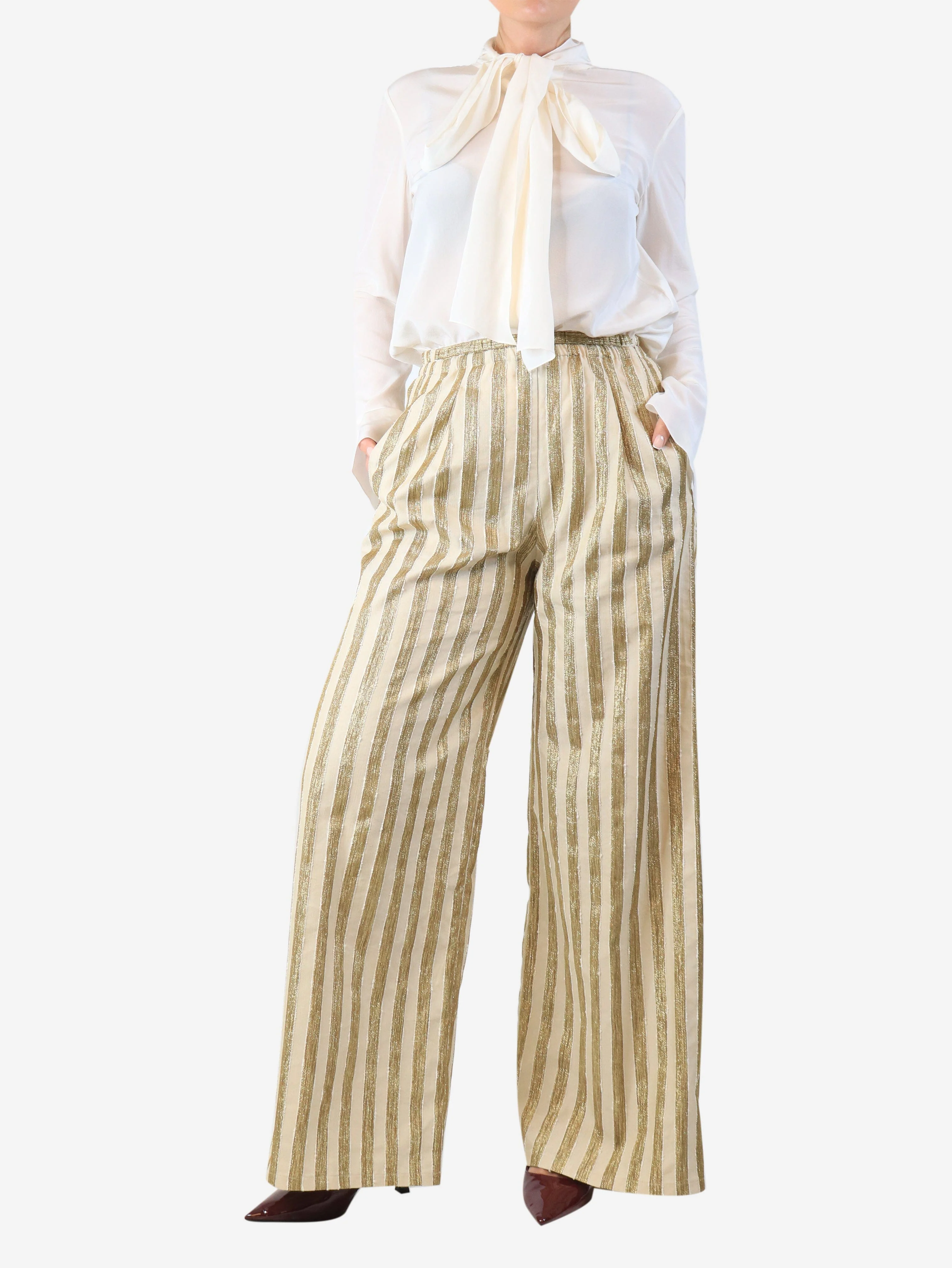 Cream and gold lurex striped trousers - size UK 10 - Image 2