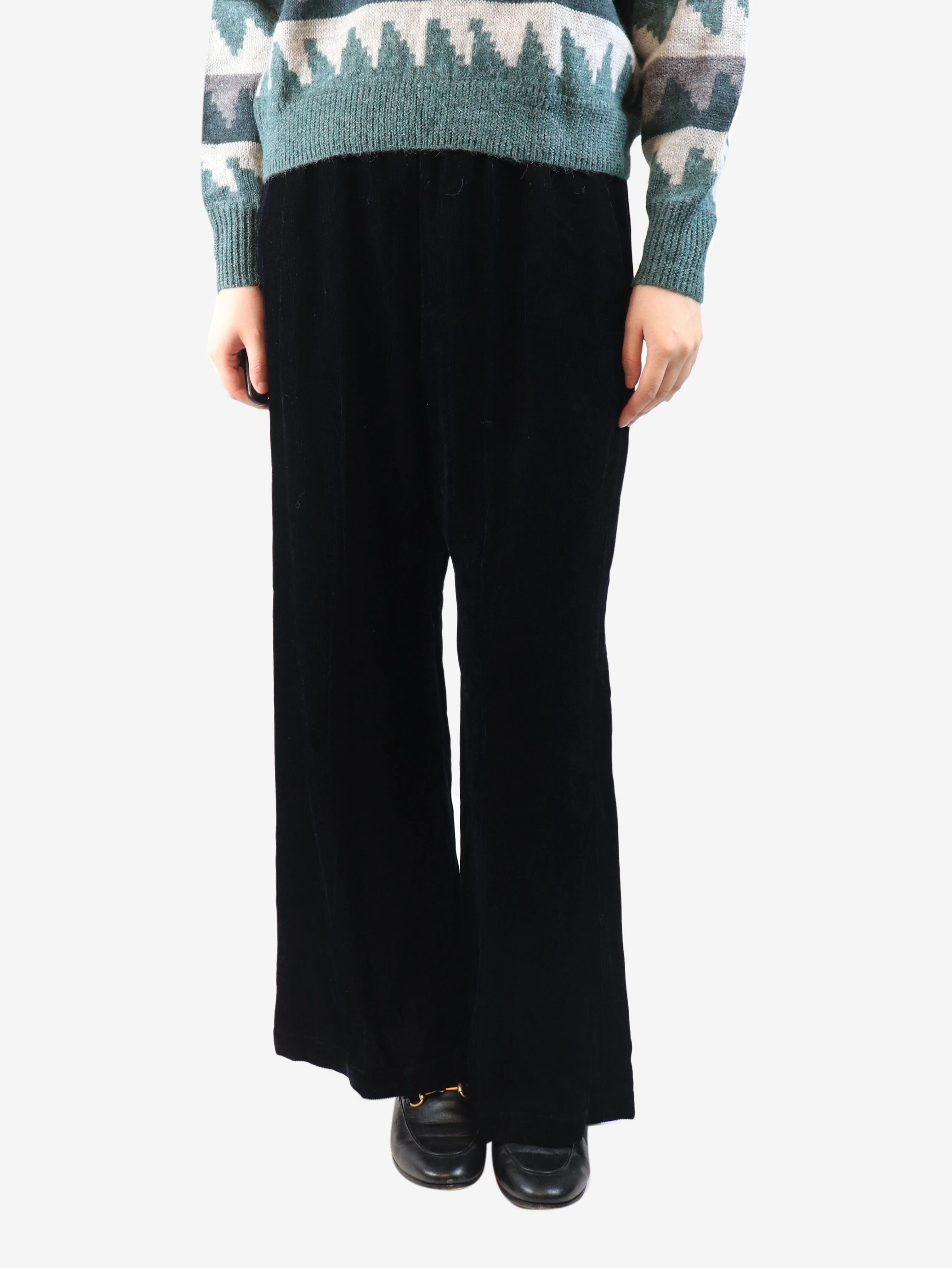 Navy elasticated corduroy trousers - size UK 14