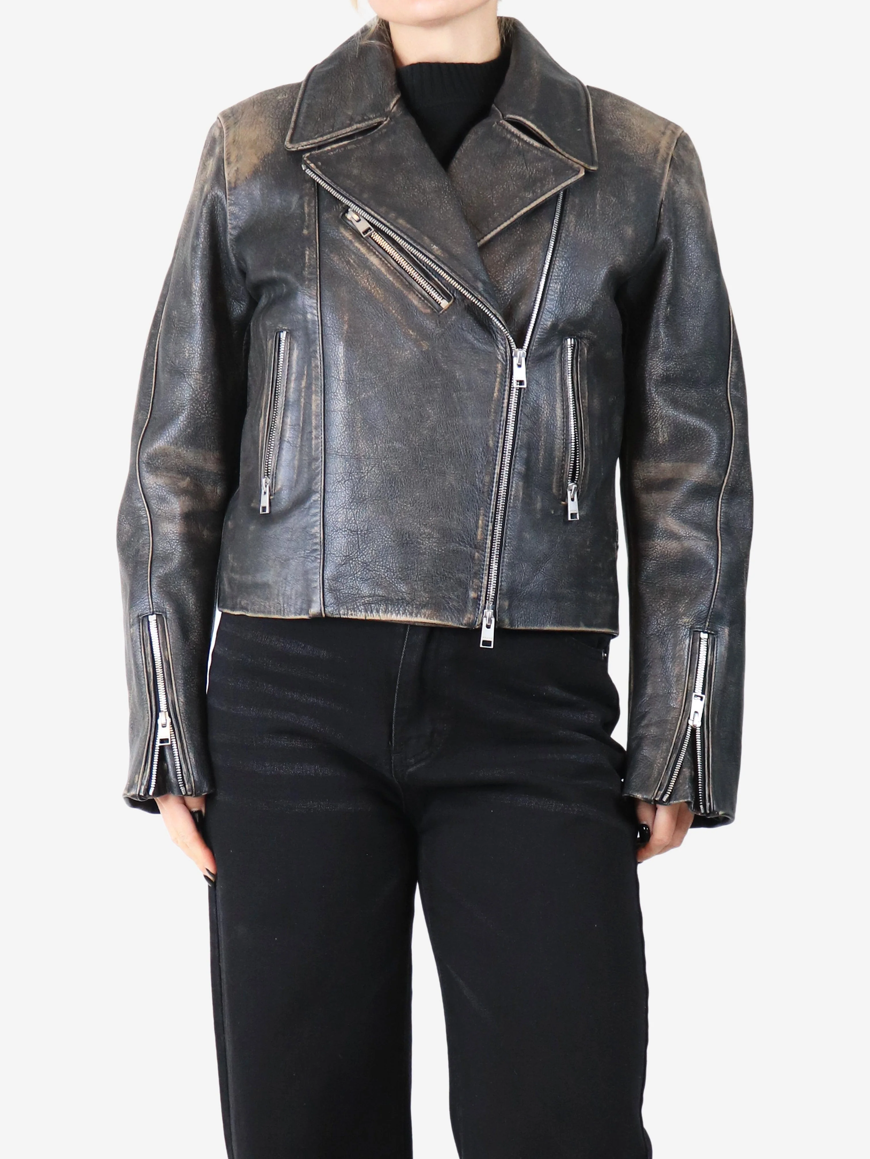 Black distressed leather jacket - size S