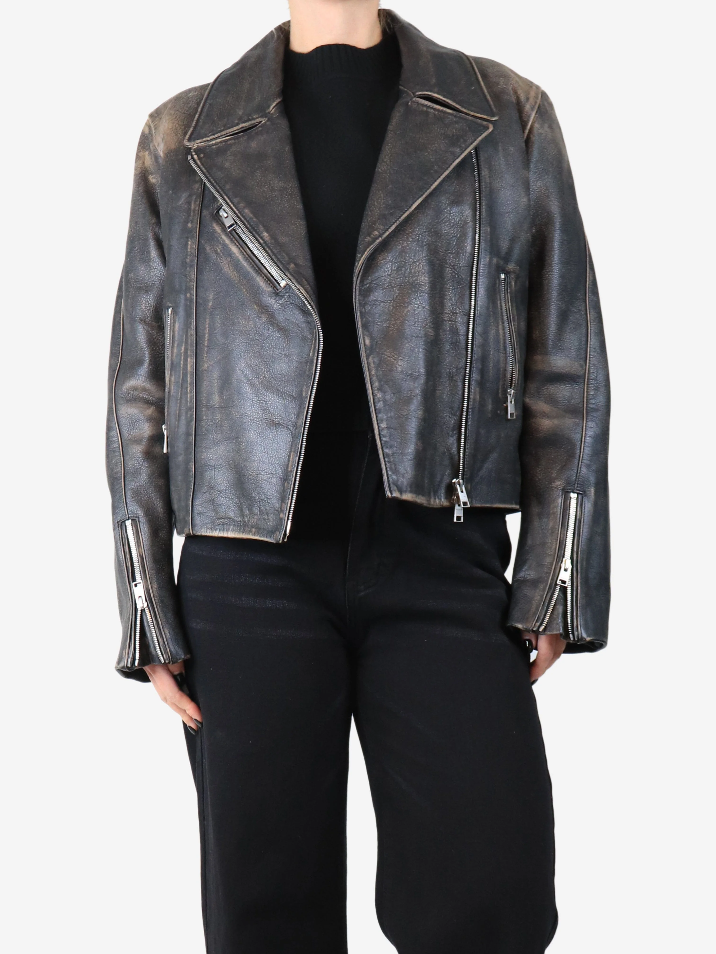 Black distressed leather jacket - size S - Image 3
