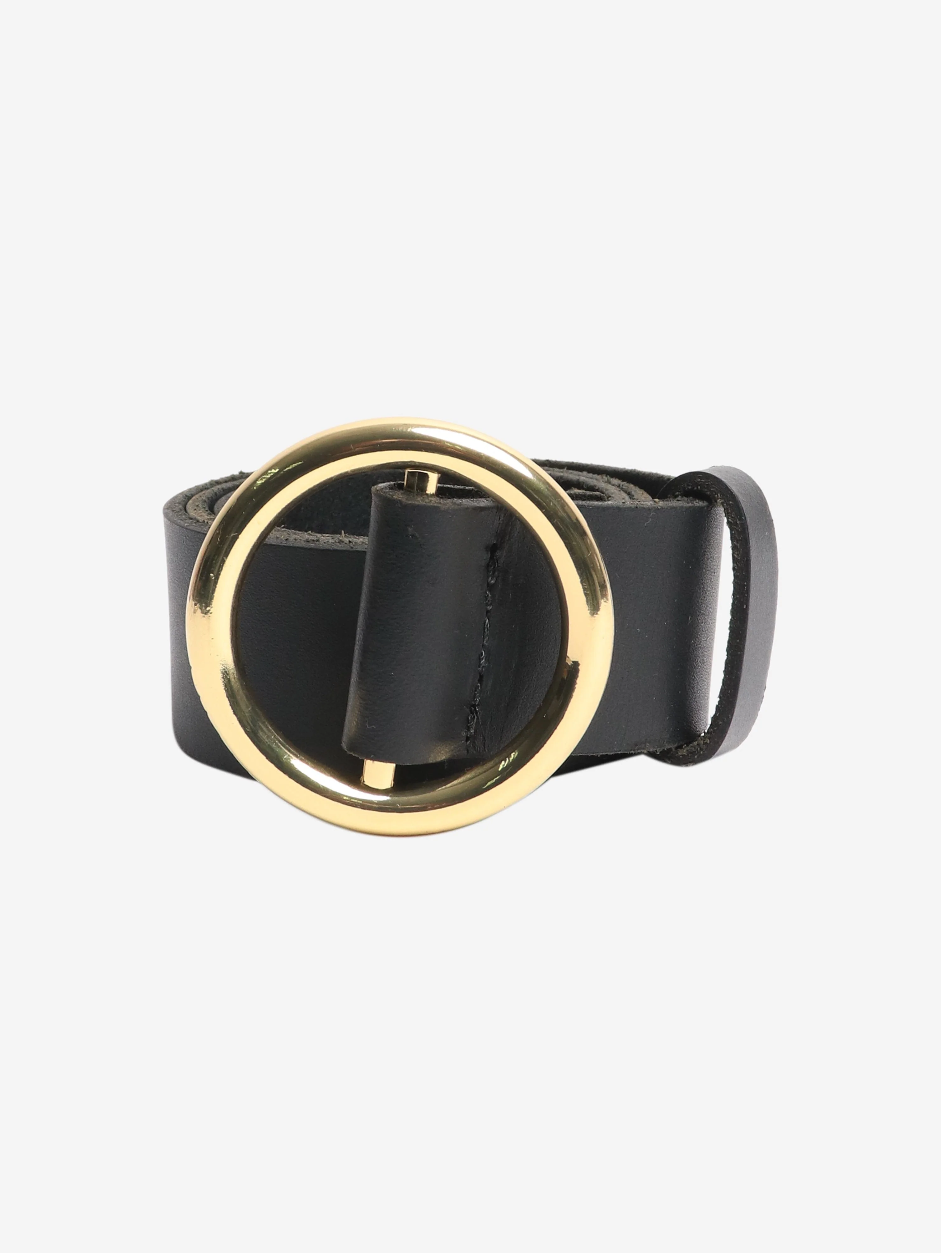 Black leather belt with circle buckle