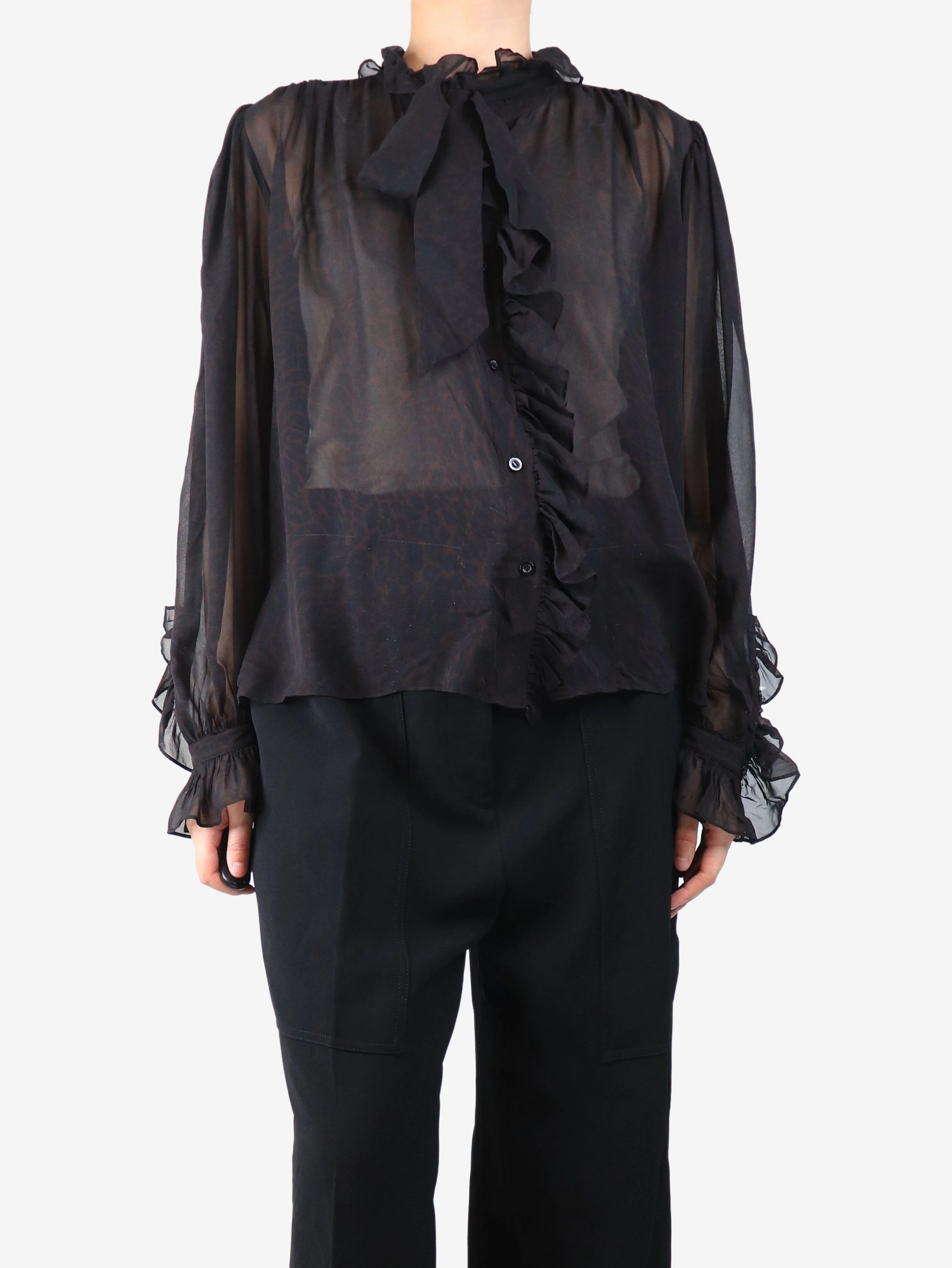 Brown sheer leopard print chiffon blouse - size M - Image 3