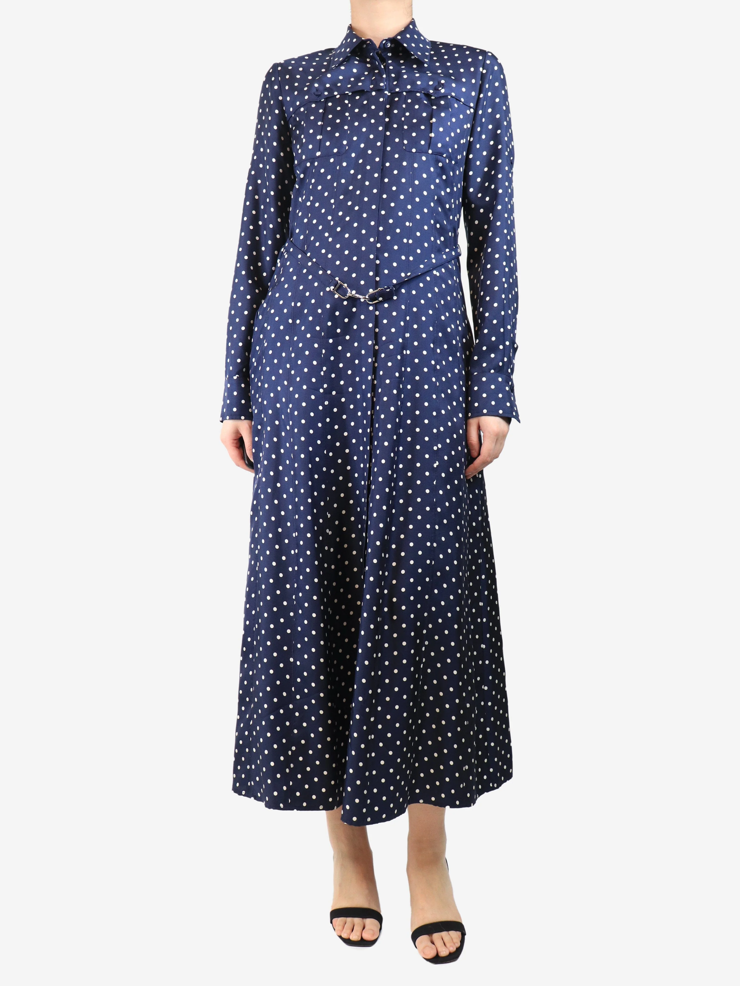 Navy silk polka dot midi dress - size UK 10