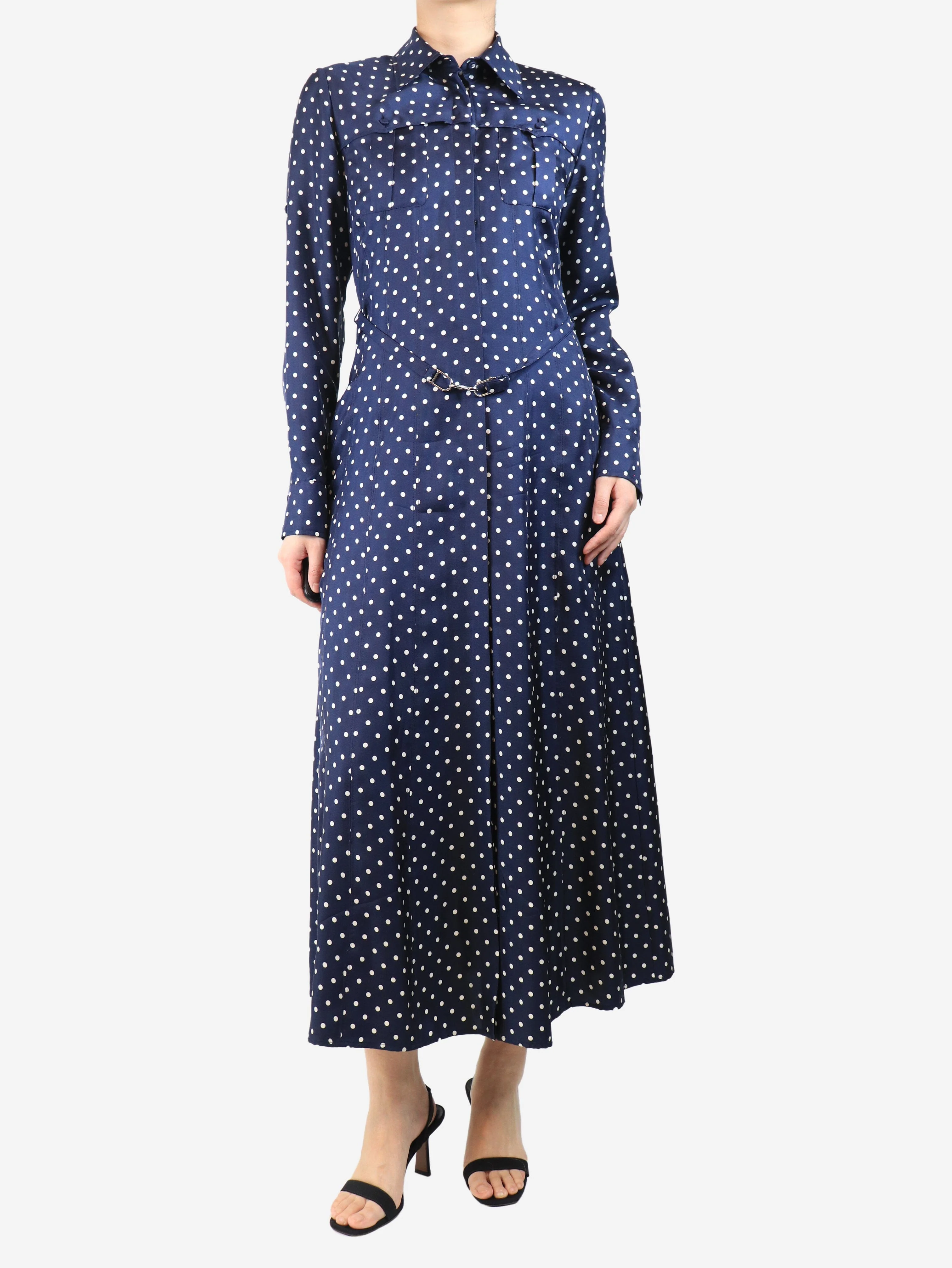 Navy silk polka dot midi dress - size UK 10 - Image 3