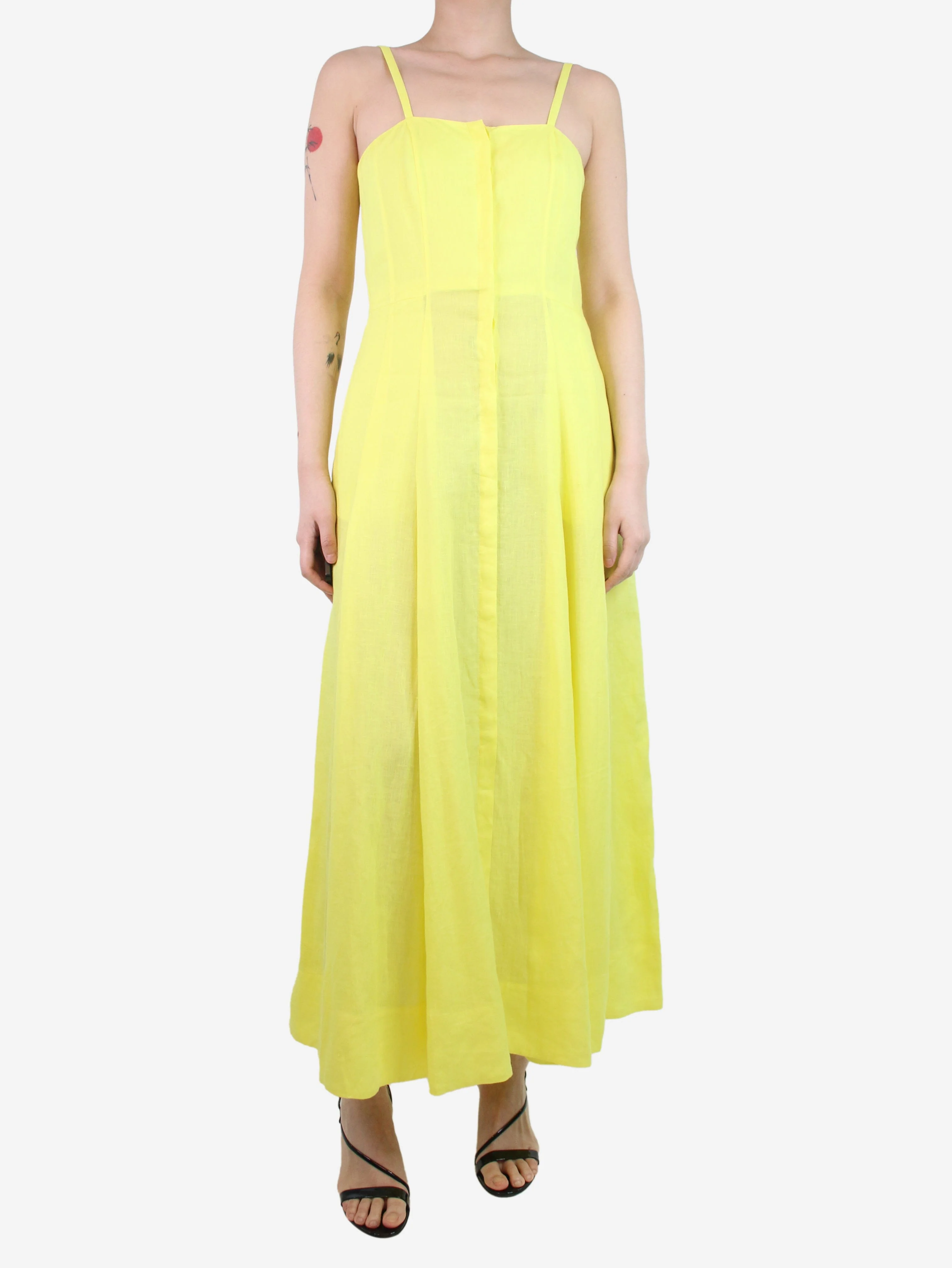 Yellow sleeveless button-up linen midi dress - size UK 8 - Image 3
