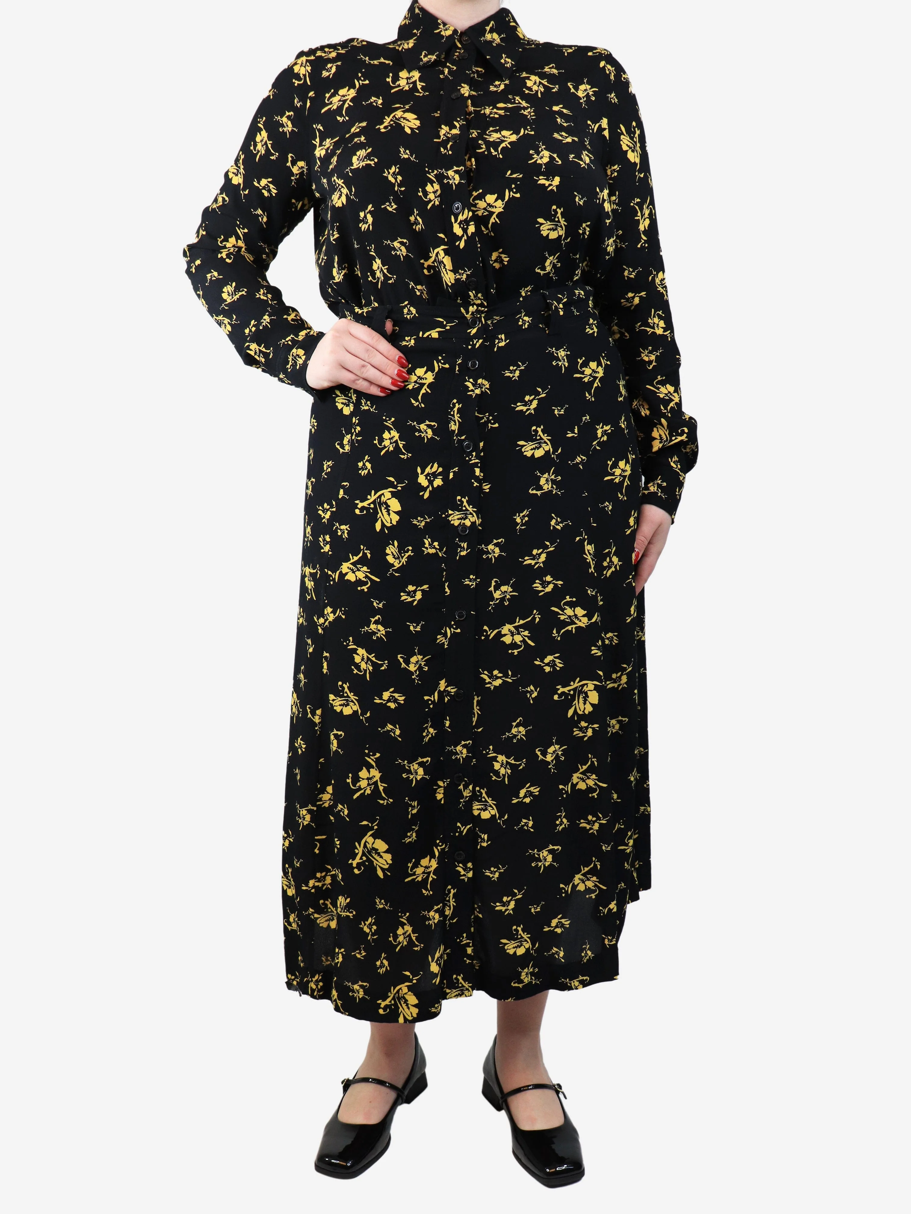 Black and yellow floral printed shirt and midi skirt top - size UK 12