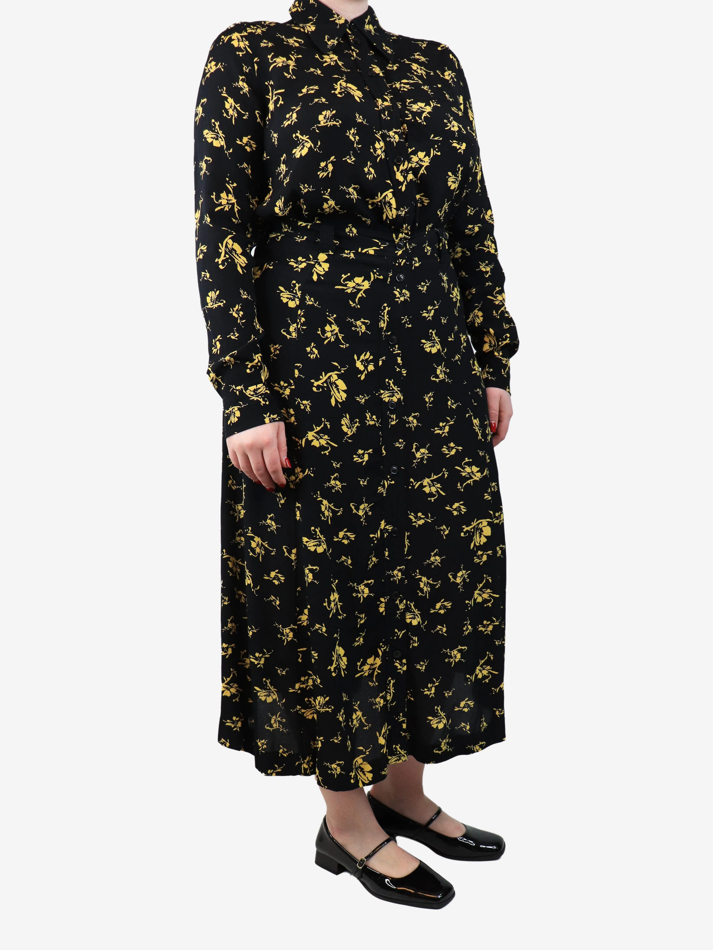 Black and yellow floral printed shirt and midi skirt top - size UK 12 - Image 3