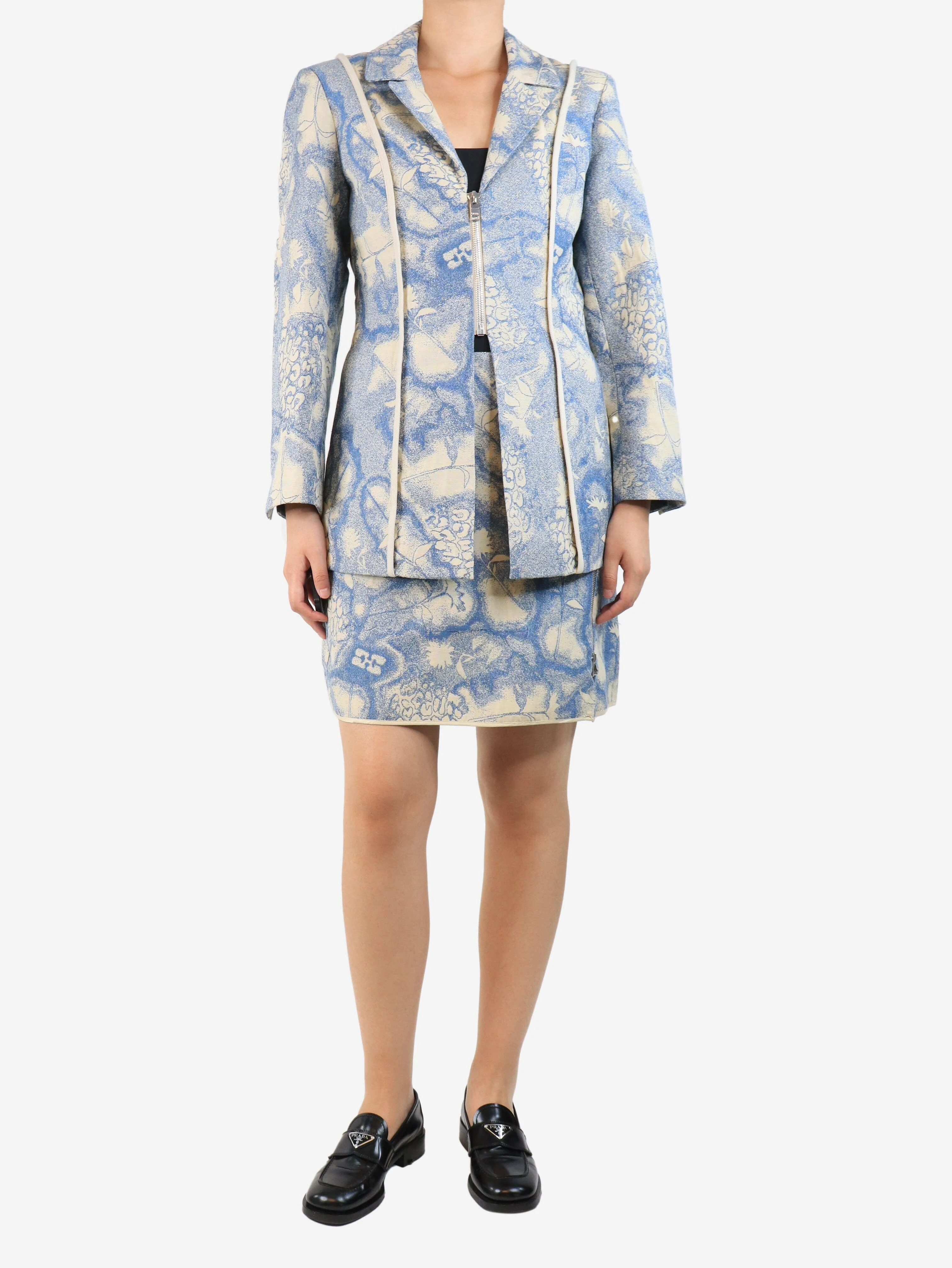 Blue and cream floral jacquard jacket and skirt set - size UK 10