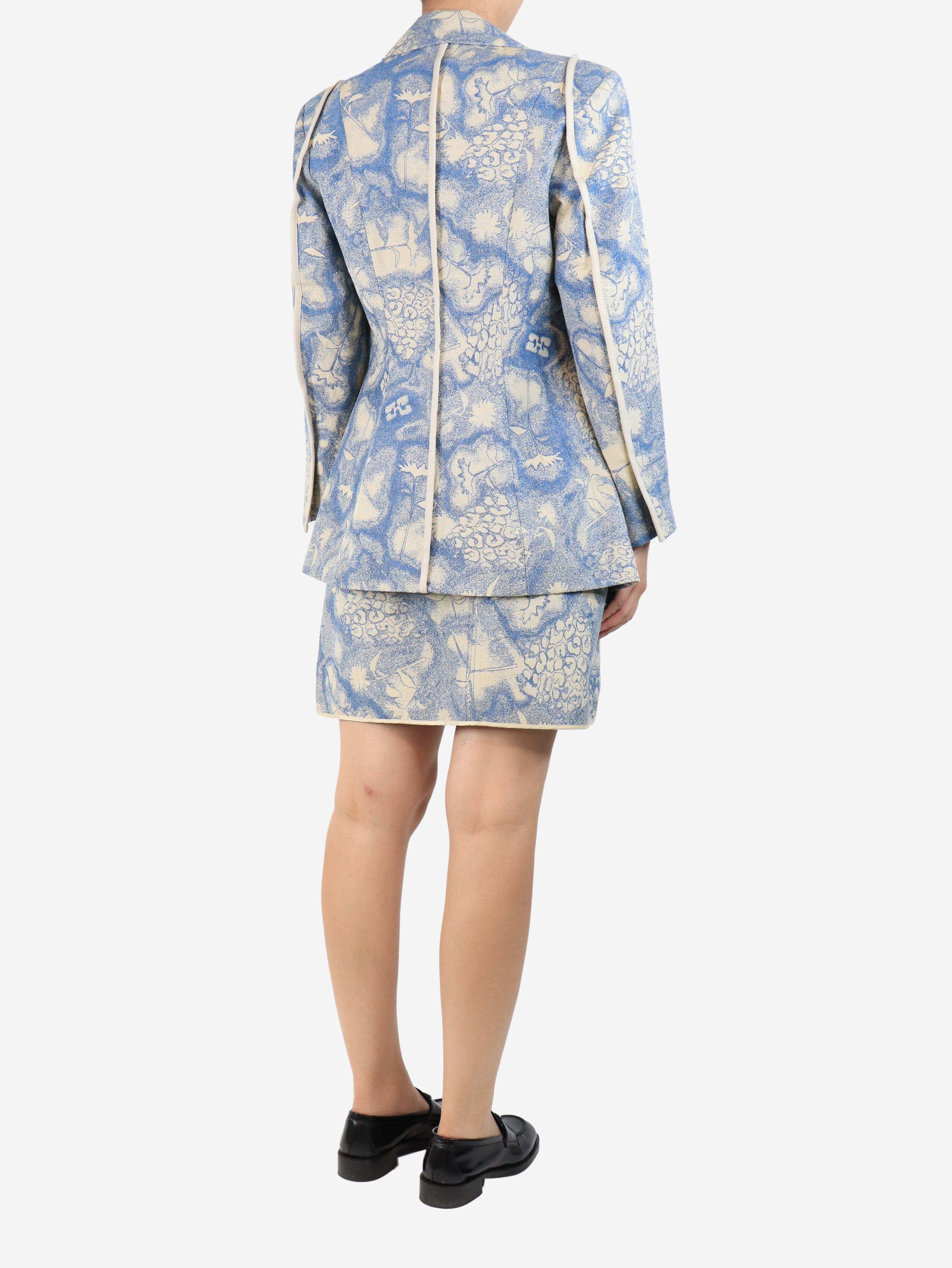 Blue and cream floral jacquard jacket and skirt set - size UK 10 - Image 2