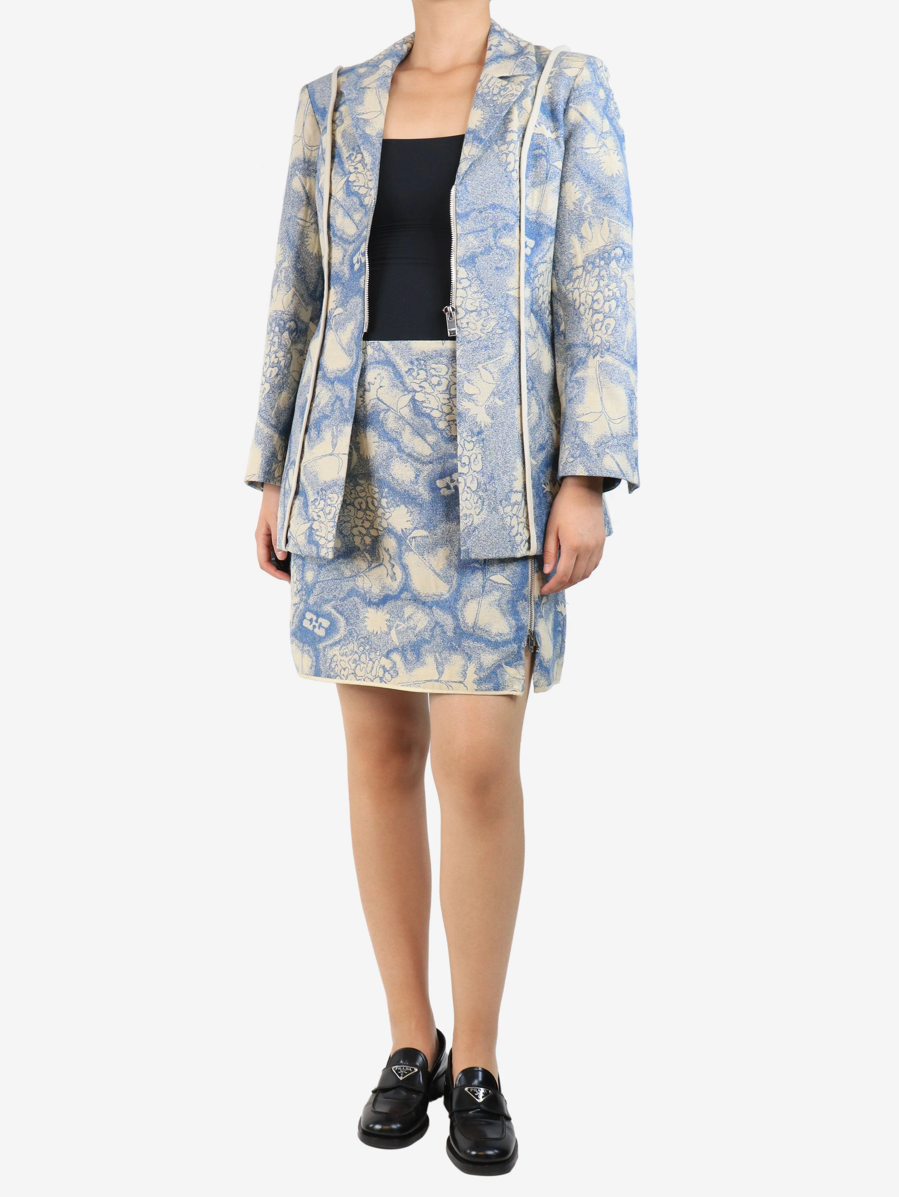 Blue and cream floral jacquard jacket and skirt set - size UK 10 - Image 3
