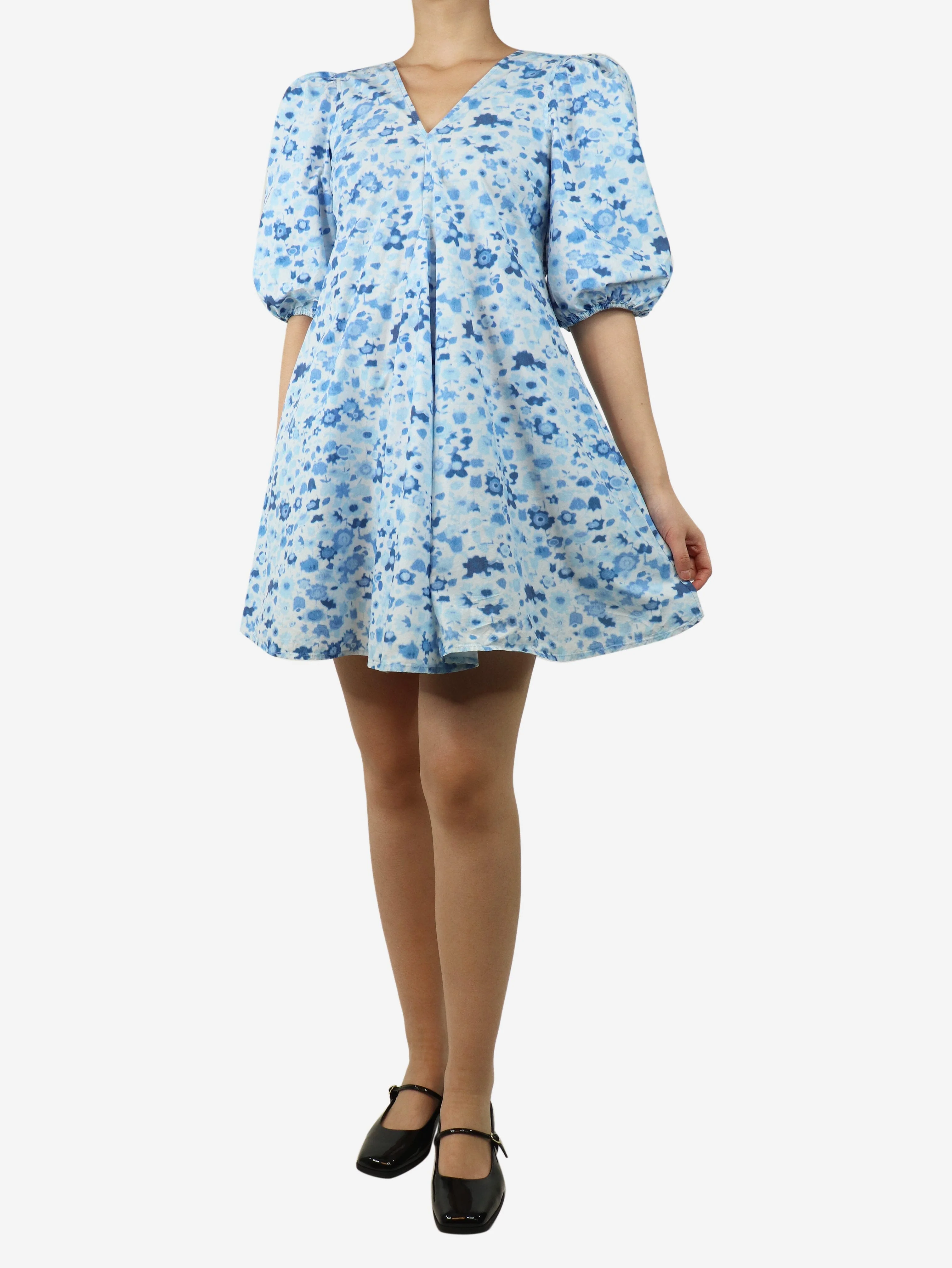 Blue puff-sleeved floral mini dress - size UK 8