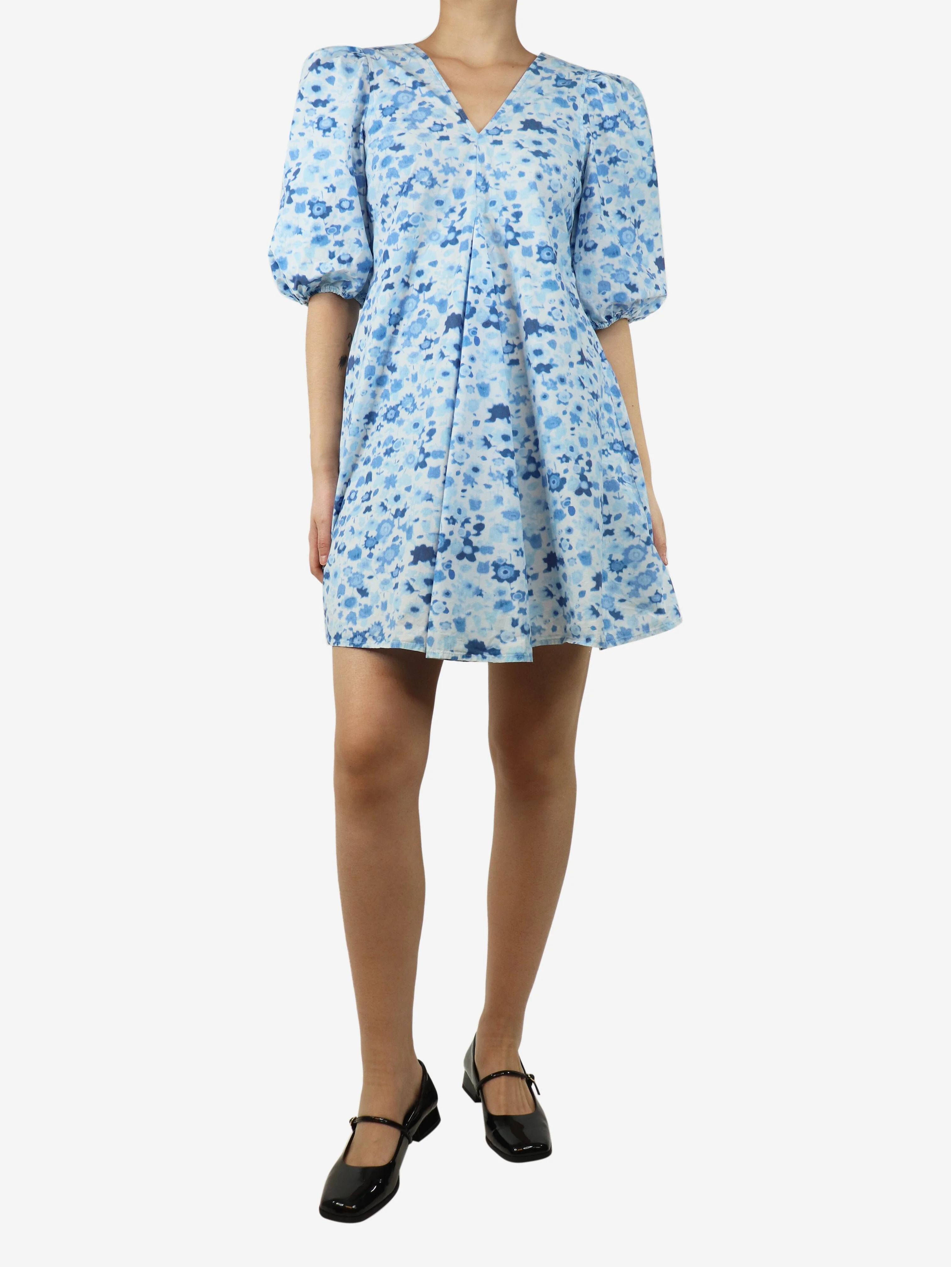Blue puff-sleeved floral mini dress - size UK 8 - Image 3