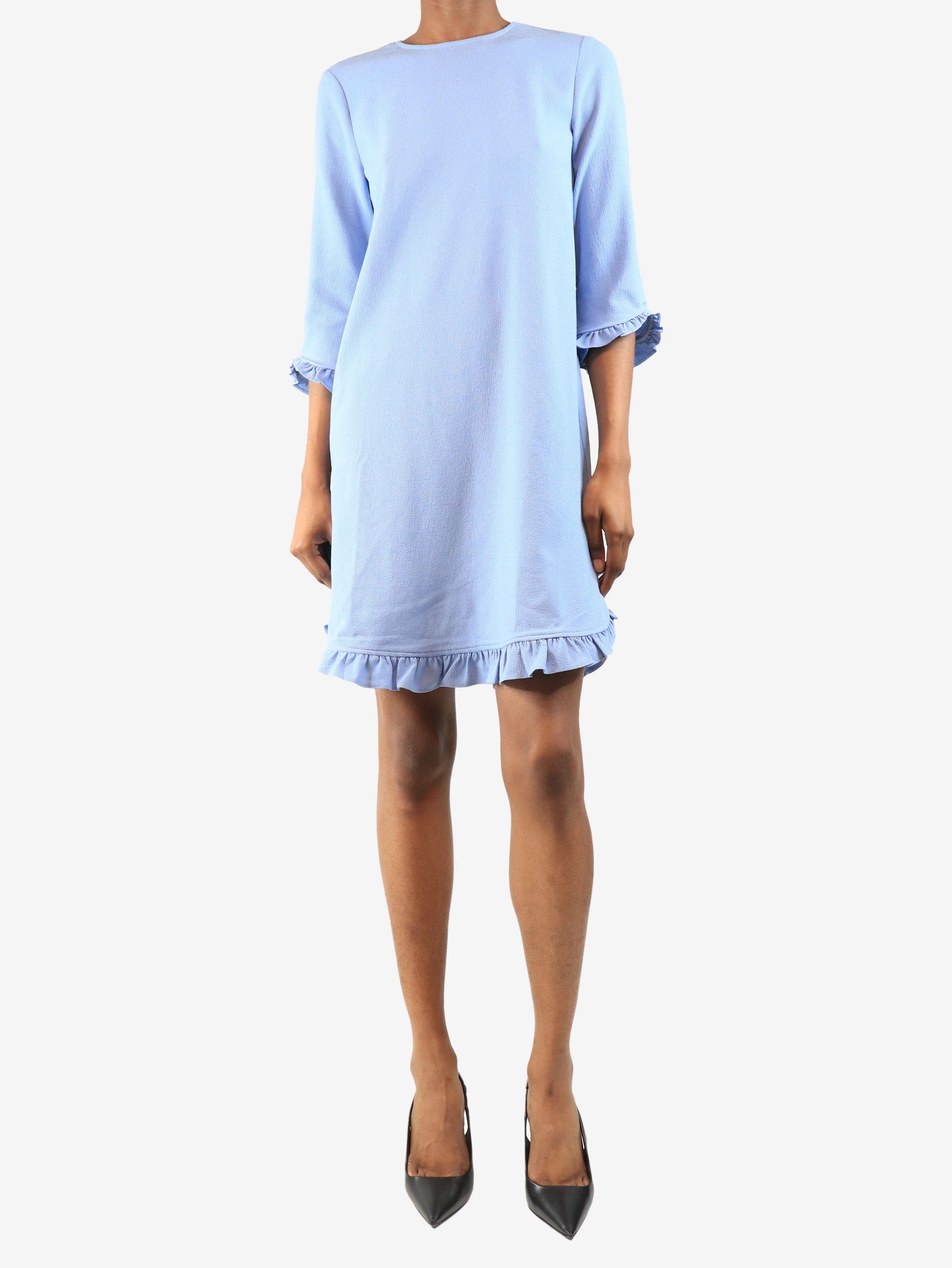 Blue ruffled crepe mini dress - size UK 4