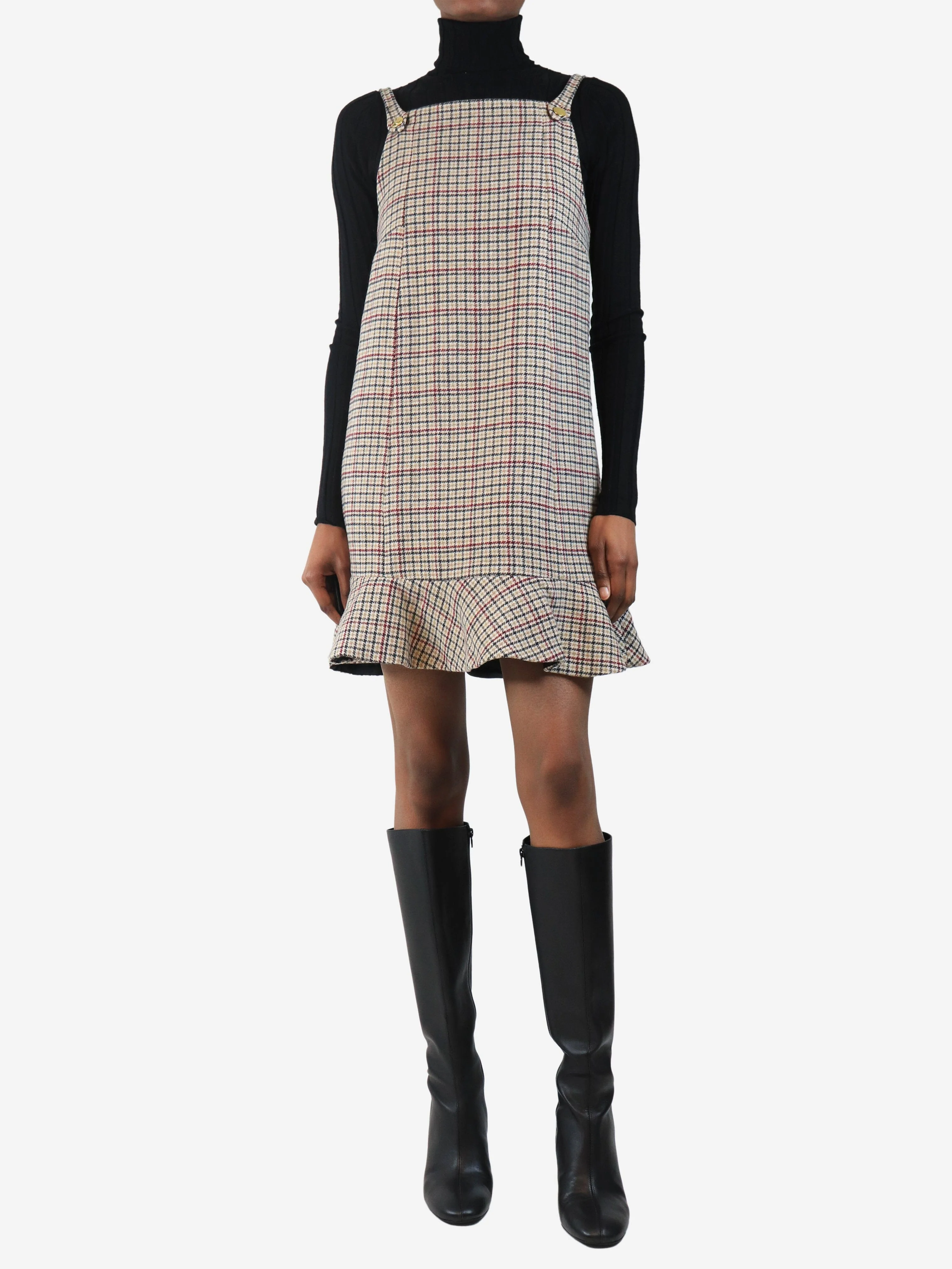 Brown check wool-blend mini dress - size UK 6